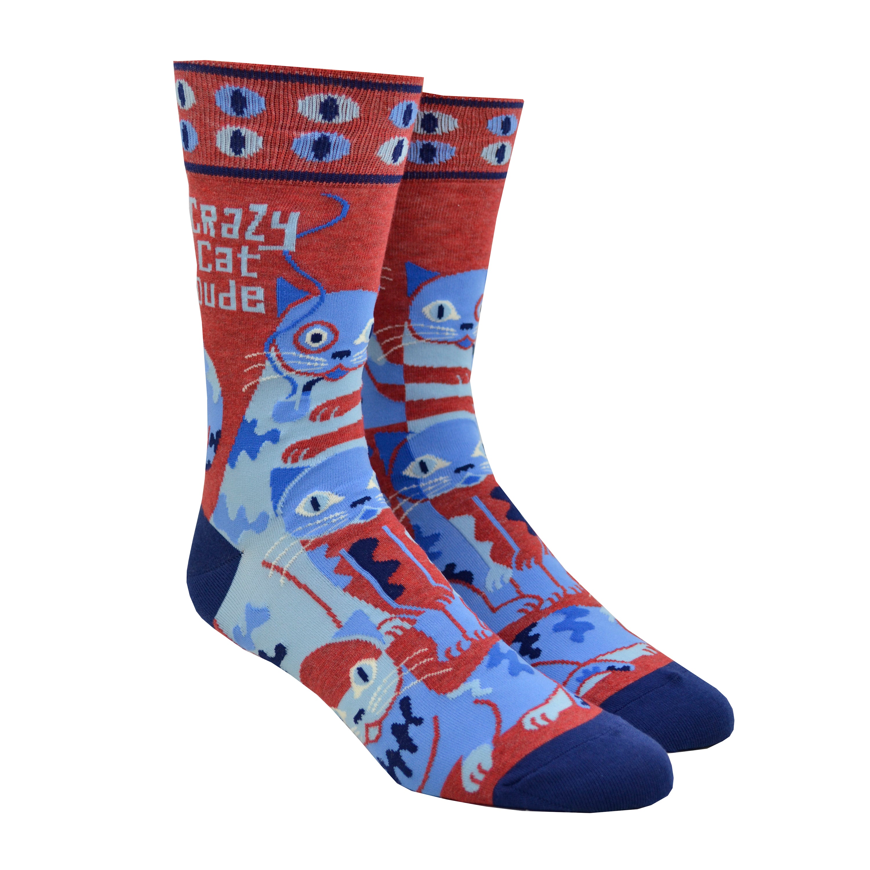 Shown on a leg form, a pair of Blue Q cotton men’s crew socks with warm brown and denim blue cats, as well as the words “Crazy Cat Dude”
