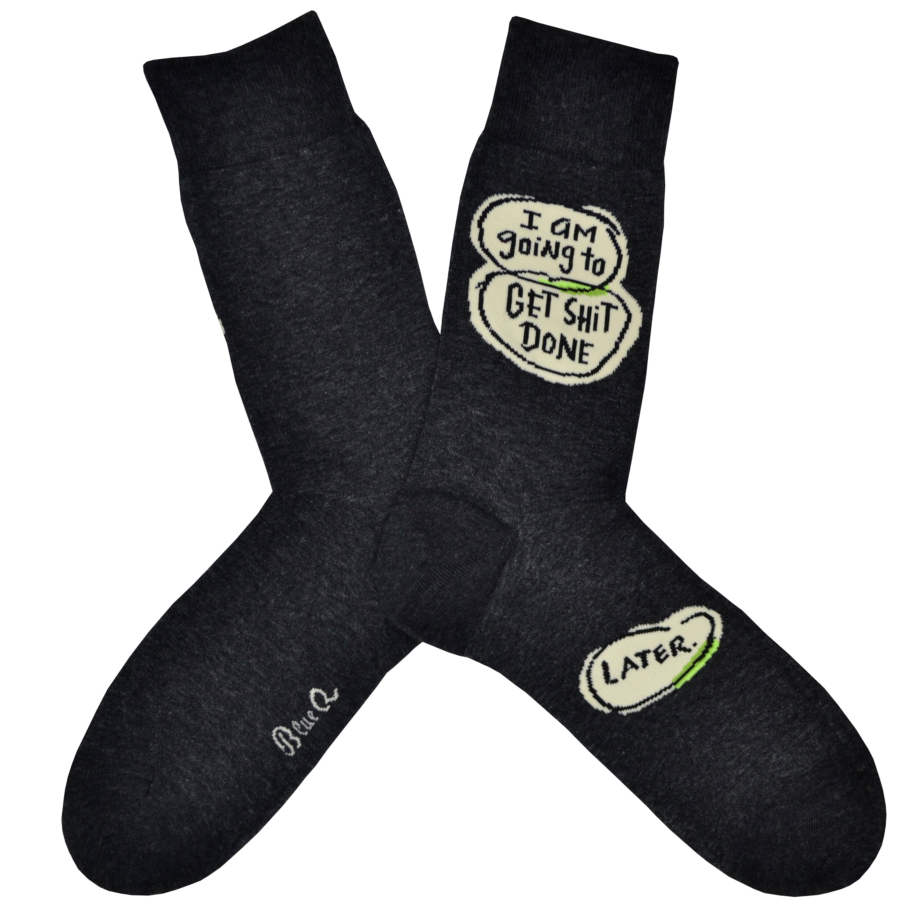 These dark gray cotton funny men's crew socks by the brand Blue Q have word bubbles with the words 