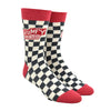 Shown on a leg form, a pair of Blue Q gray/white checkered cotton men’s crew socks with warm brown cuff/heel/toe and the text “Grumpy Old Man”