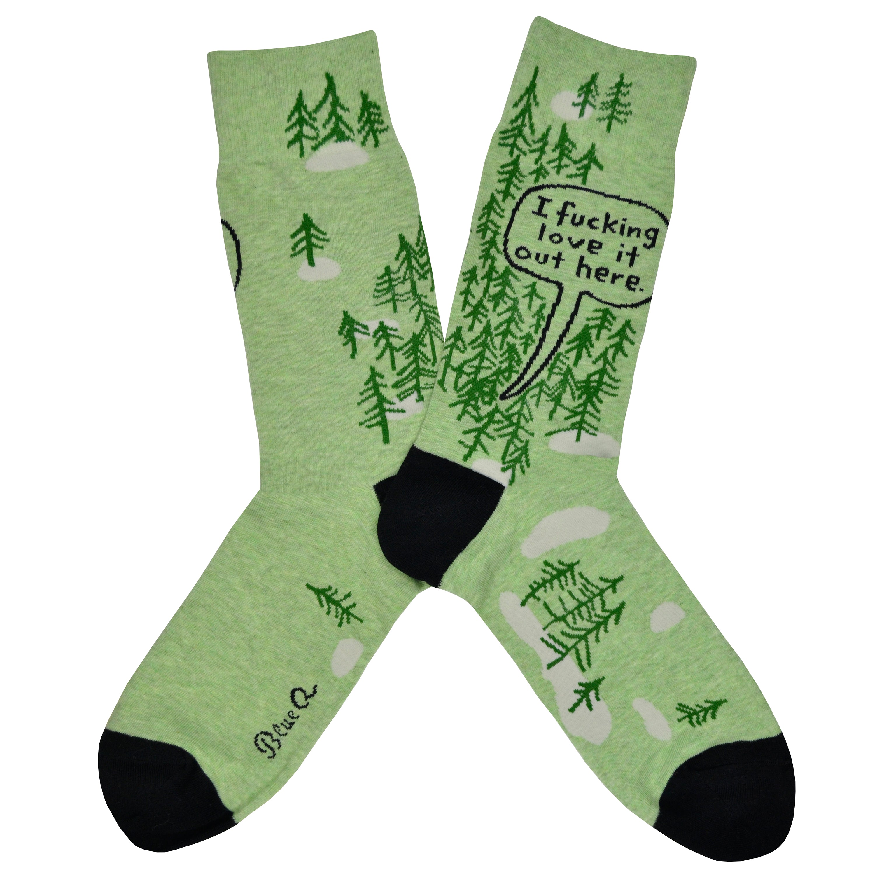 These green cotton men's crew socks with a black heel and toe by the brand Blue Q feature simplistic trees with a large quote bubble proclaiming 