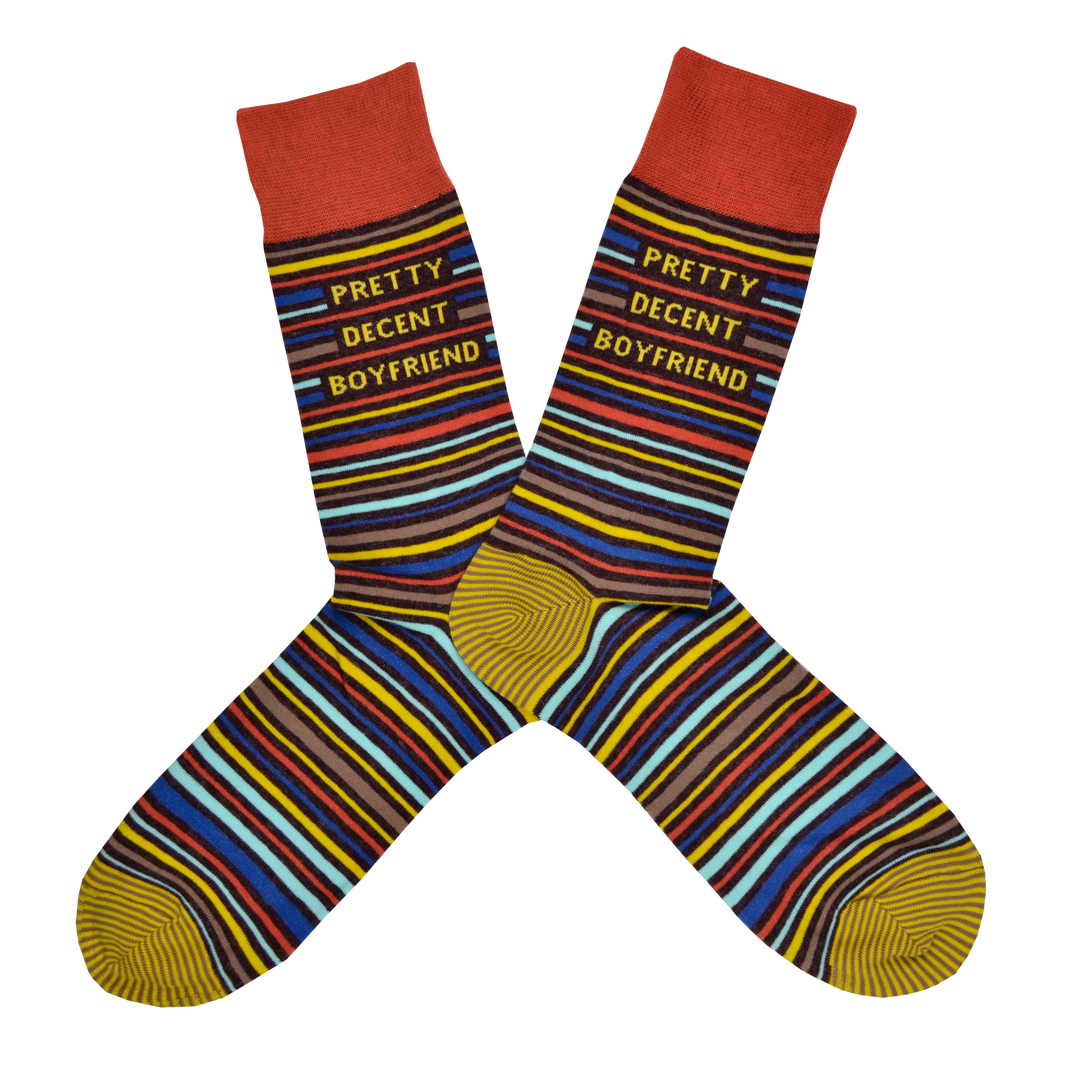 These blue, yellow, orange, brown and gray thinly striped men's novelty crew socks with an orange cuff by the brand Blue Q feature the words 