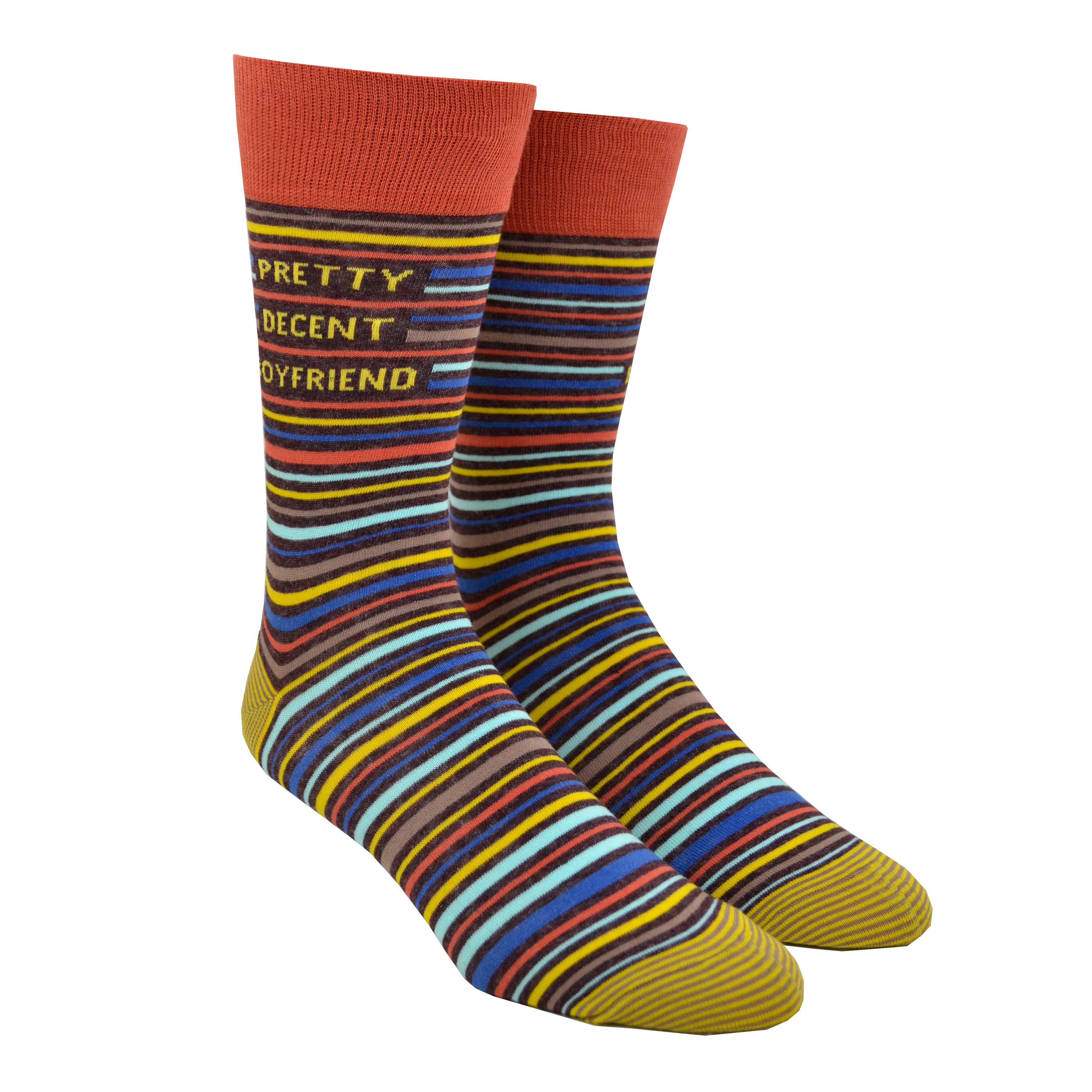 Shown on a leg form, these blue, yellow, orange, brown and gray thinly striped men's novelty crew socks with an orange cuff by the brand Blue Q feature the words 