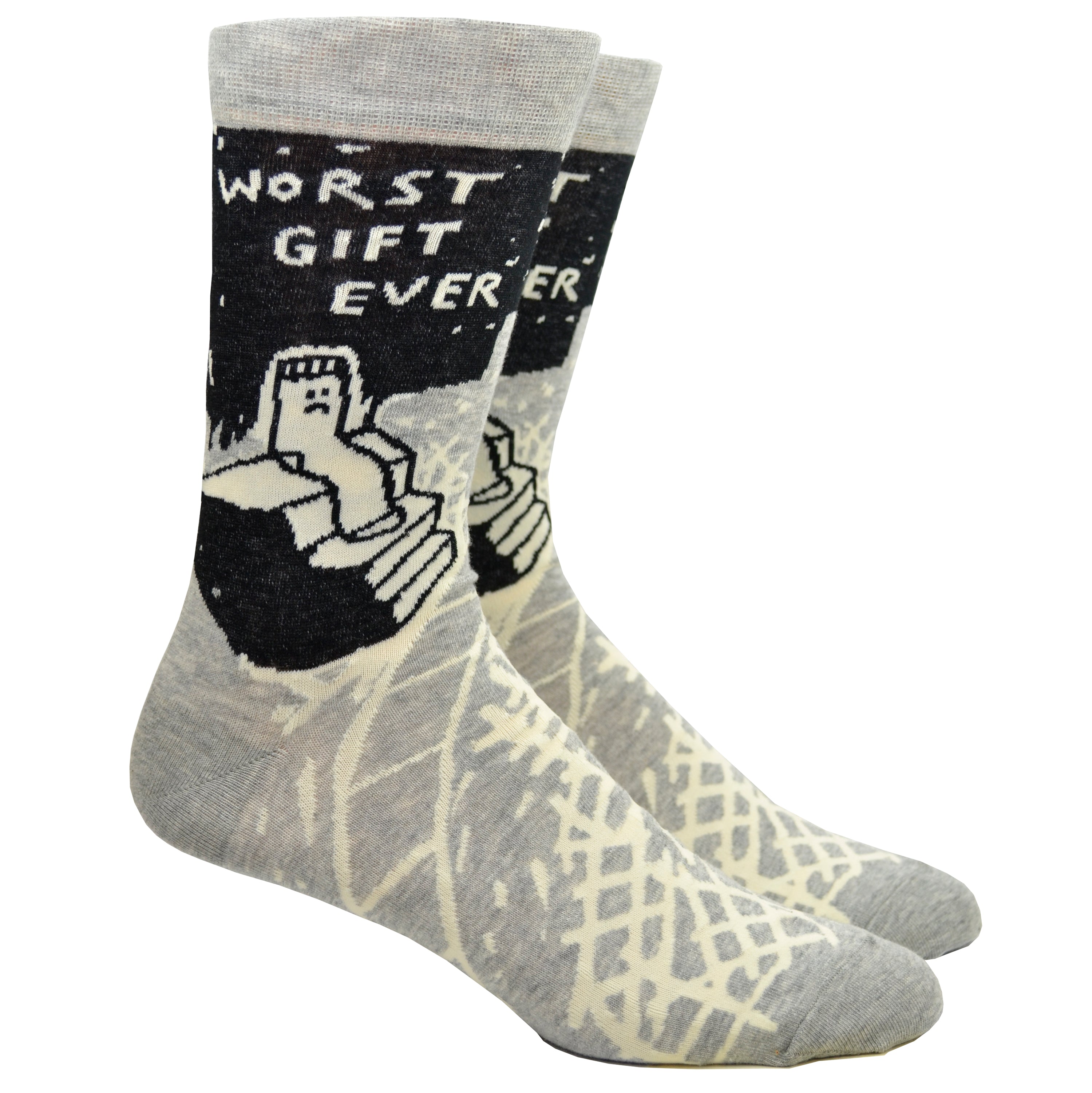 Shown on leg forms, a pair of Blue Q brand men's cotton crew socks in grey and black with an abstract crisscross design along the foot and a sad sock sitting on stairs on the leg. The text on the sock reads, 
