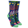 Shown on leg forms from the text side, a pair of Blue Q brand women's nylon and combed cotton socks in navy blue with a teal heel and toe. These socks feature an all over motif of psychedelic inspired flowers and the phrase "I'm a delicate fucking flower" in orange on the leg.