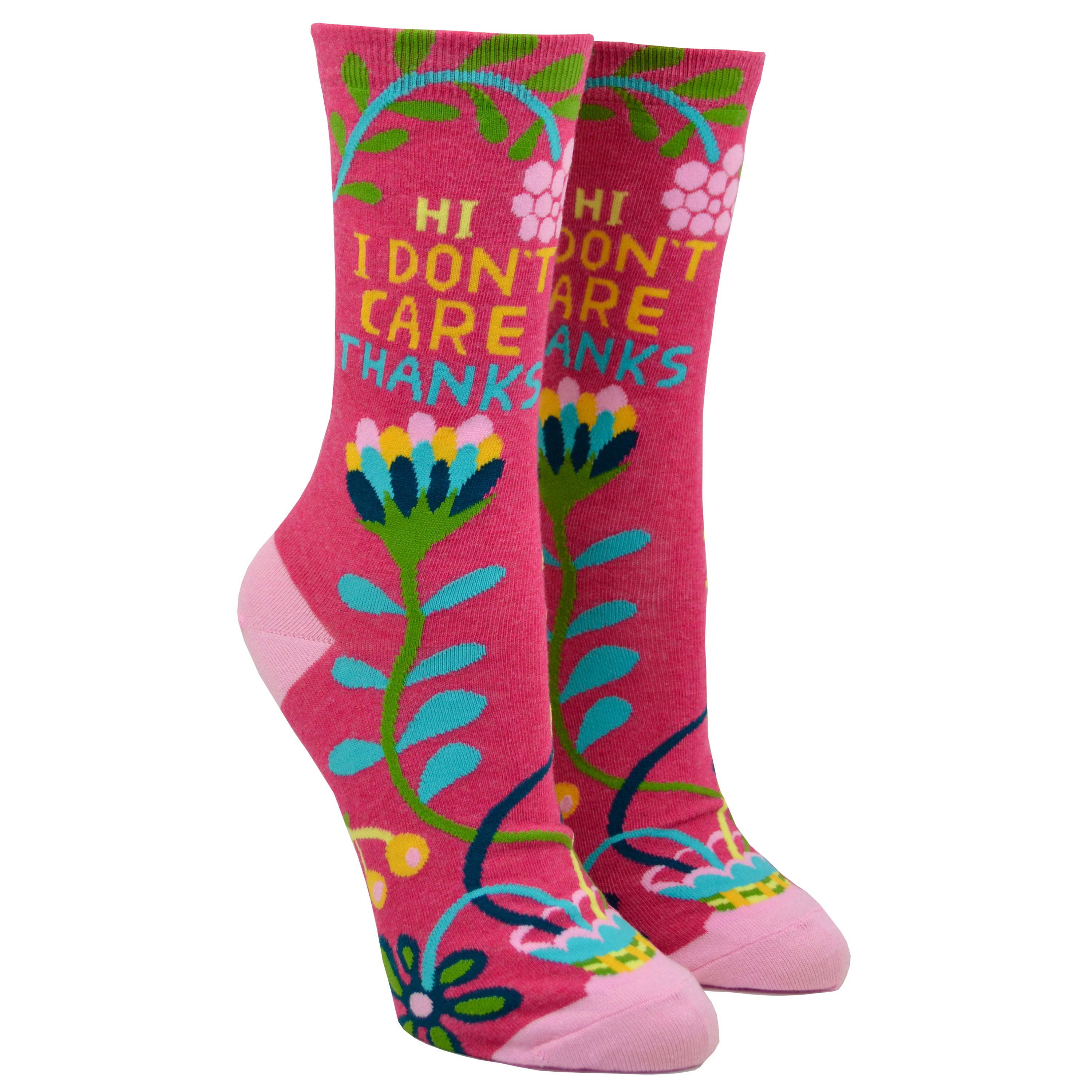 Shown on leg forms, a pair of women's Blue Q brand combed cotton crew socks in hot pink with a light pink heel and toe. This sock features and abstract floral design with the phrase 