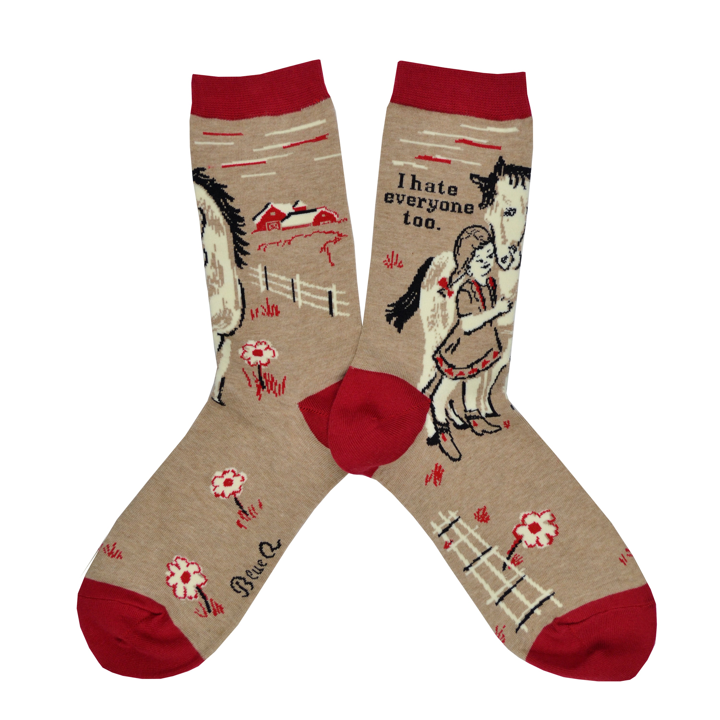 Shown in a flatlay, a pair of women's Blue Q brand combed cotton socks in brown with a red heel, toe, and cuff. The leg of the sock features a little girl with a horse with the phrase, 