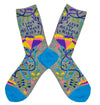 Shown in a flatlay, a pair of women's Blue Q brand combed cotton crew sock in grey with a teal heel and toe. The socks feature an abstract floral design in yellow, purple, orange, and teal with the words, "I Love my Asshole kids" on the leg of the sock.