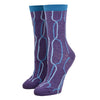 Shown on leg forms, the purple Blue Q socks with a blue cuff. the reverse side of the text has a blue line abstract design. 