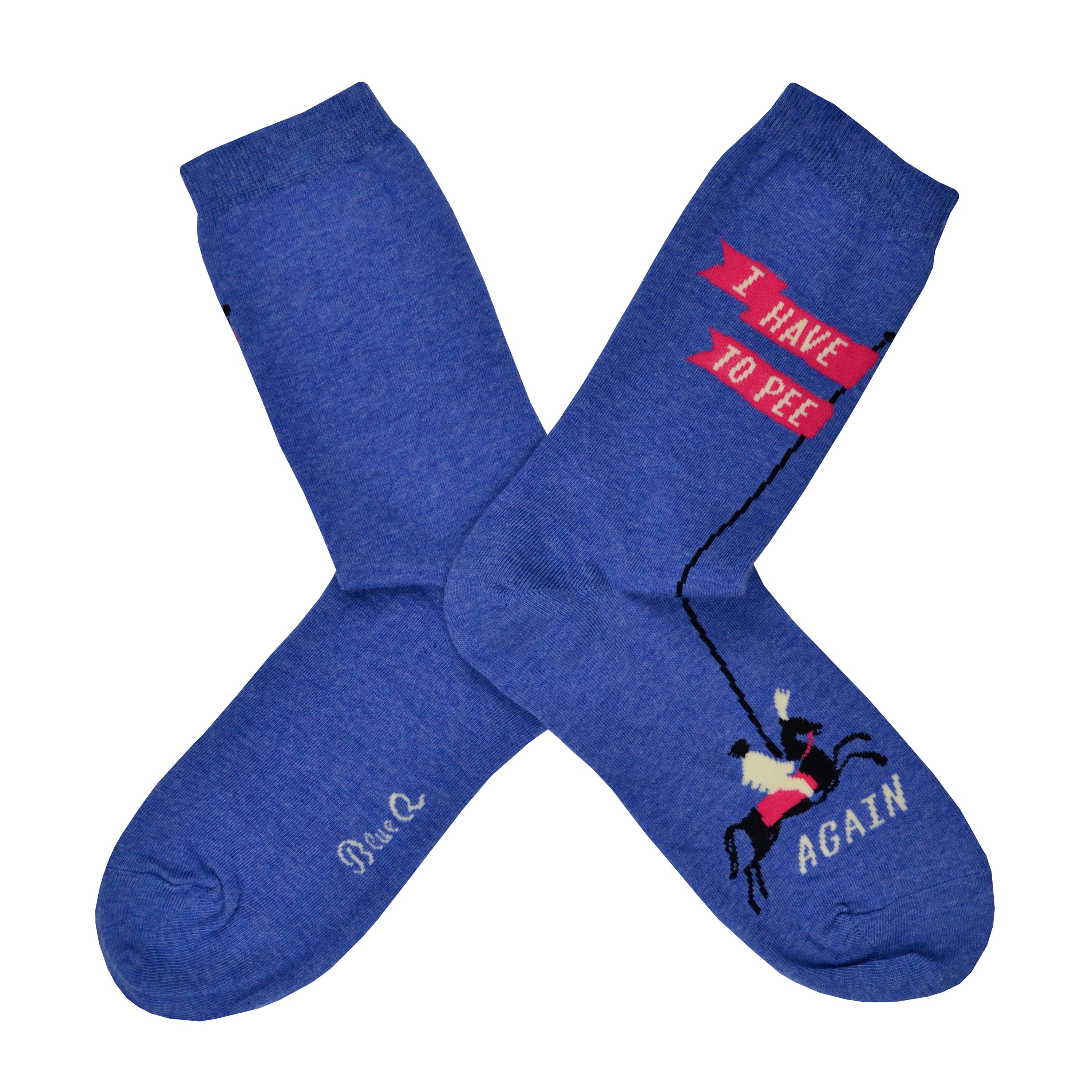 Shown in a flatlay, a pair of women's Blue Q brand combed cotton crew sock in blue with a tiny horse rider on the foot of the sock holding a long flagged pole that reads, 