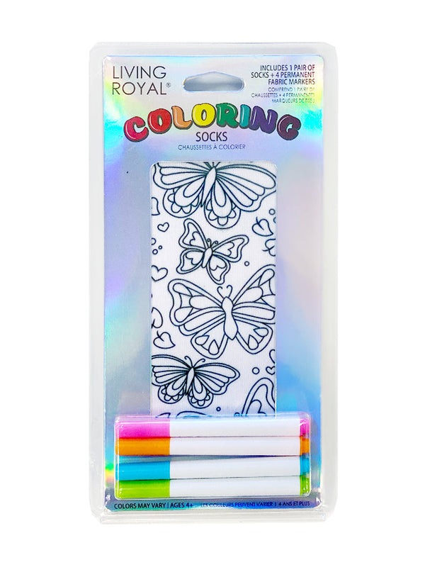 plastic clamshell packaging that holds one pair of black and white butterfly print socks and four neon fabric markers