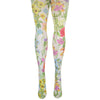 Shown on a leg form from the front, a pair of white lycra tights with delicate floral plants twisting around them, including daisies, roses and violets with green stems