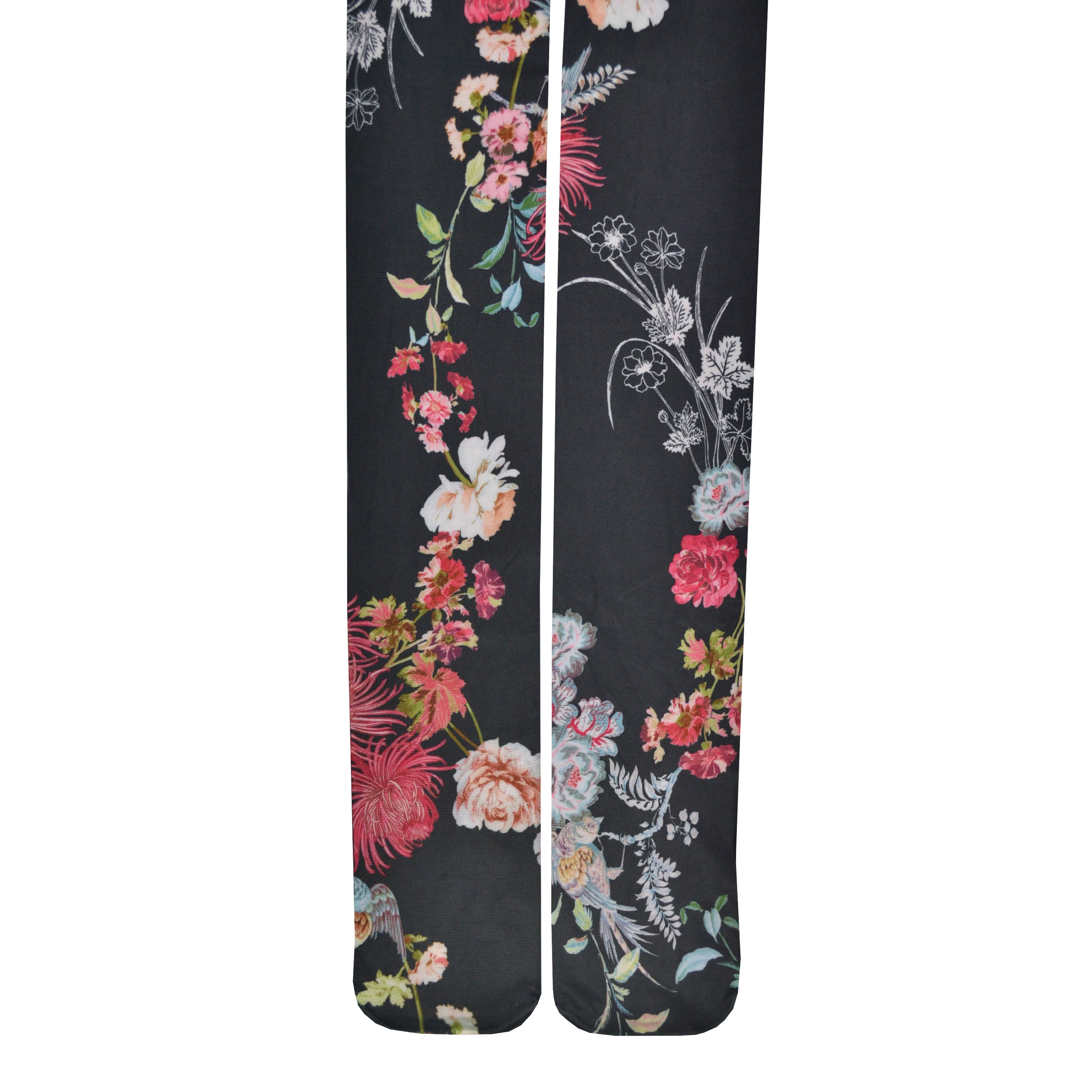 Shown in a flatlay, a pair of grey tights with an all over pink, blue, green, and yellow floral design. Each leg of the tight features a different orientation of the floral design.