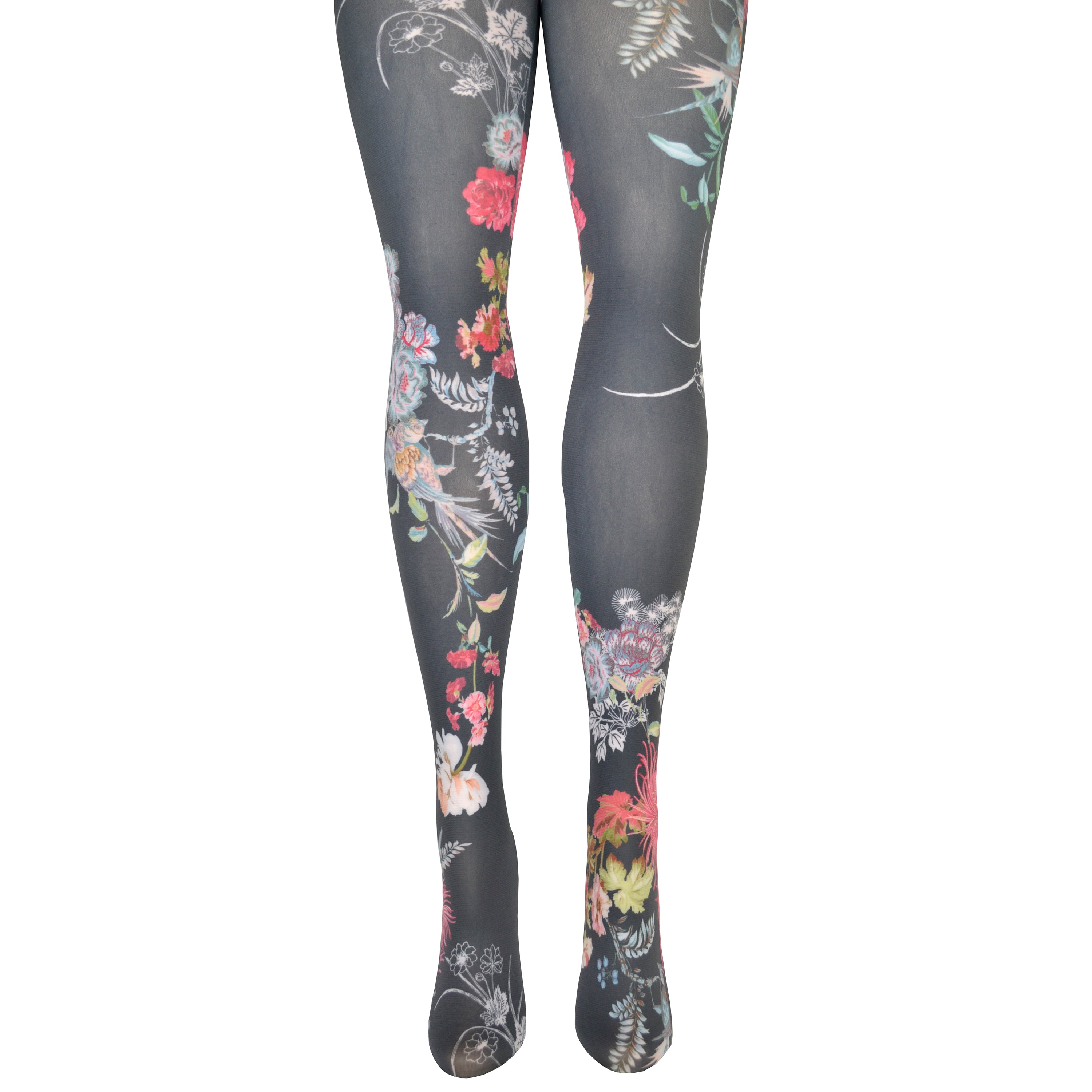 Shown on leg forms, a pair of grey tights with an all over pink, blue, green, and yellow floral design. Each leg of the tight features a different orientation of the floral design. 