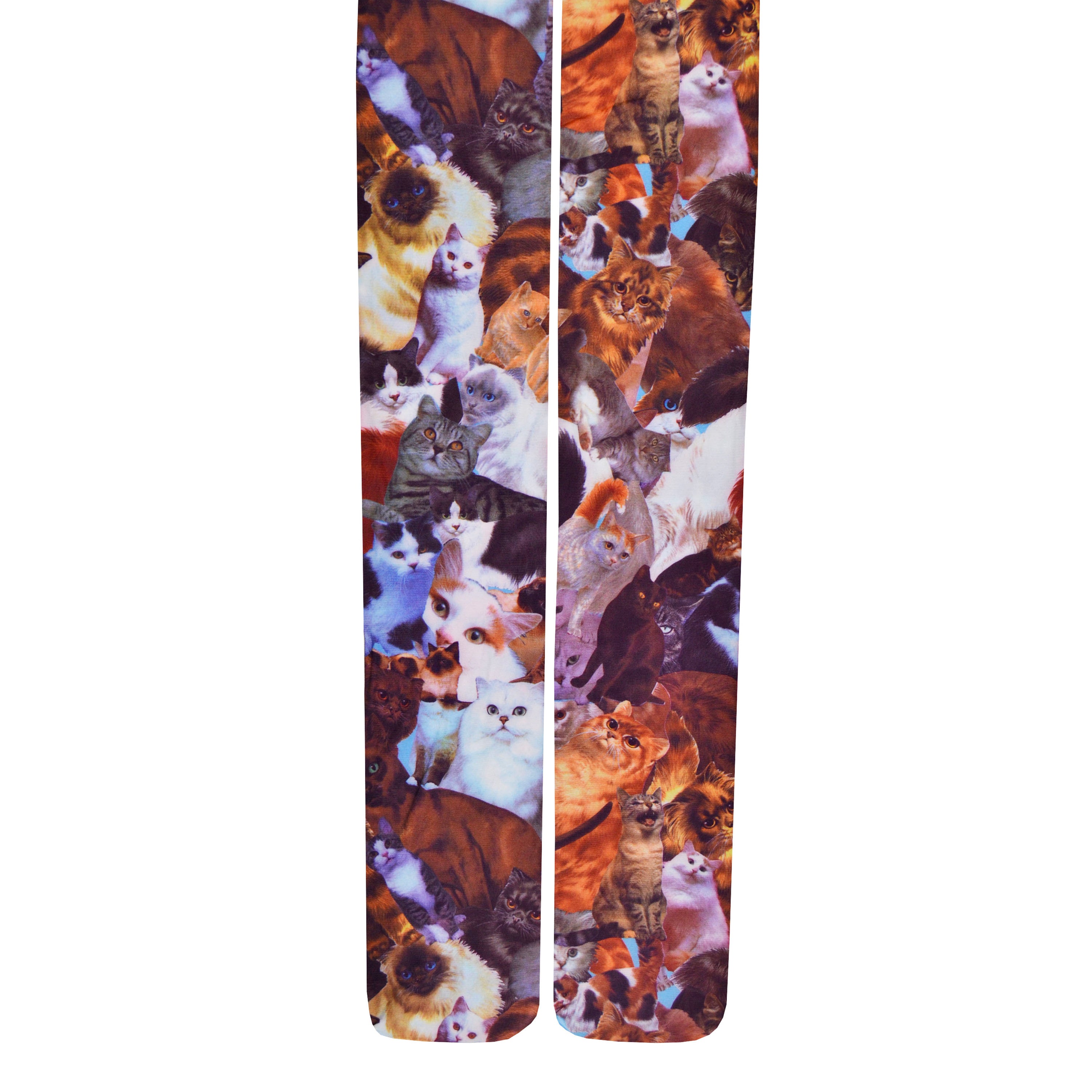 Shown in a flatlay, a pair of cat tights that has an all over collage of realistic cats printed on the tights.