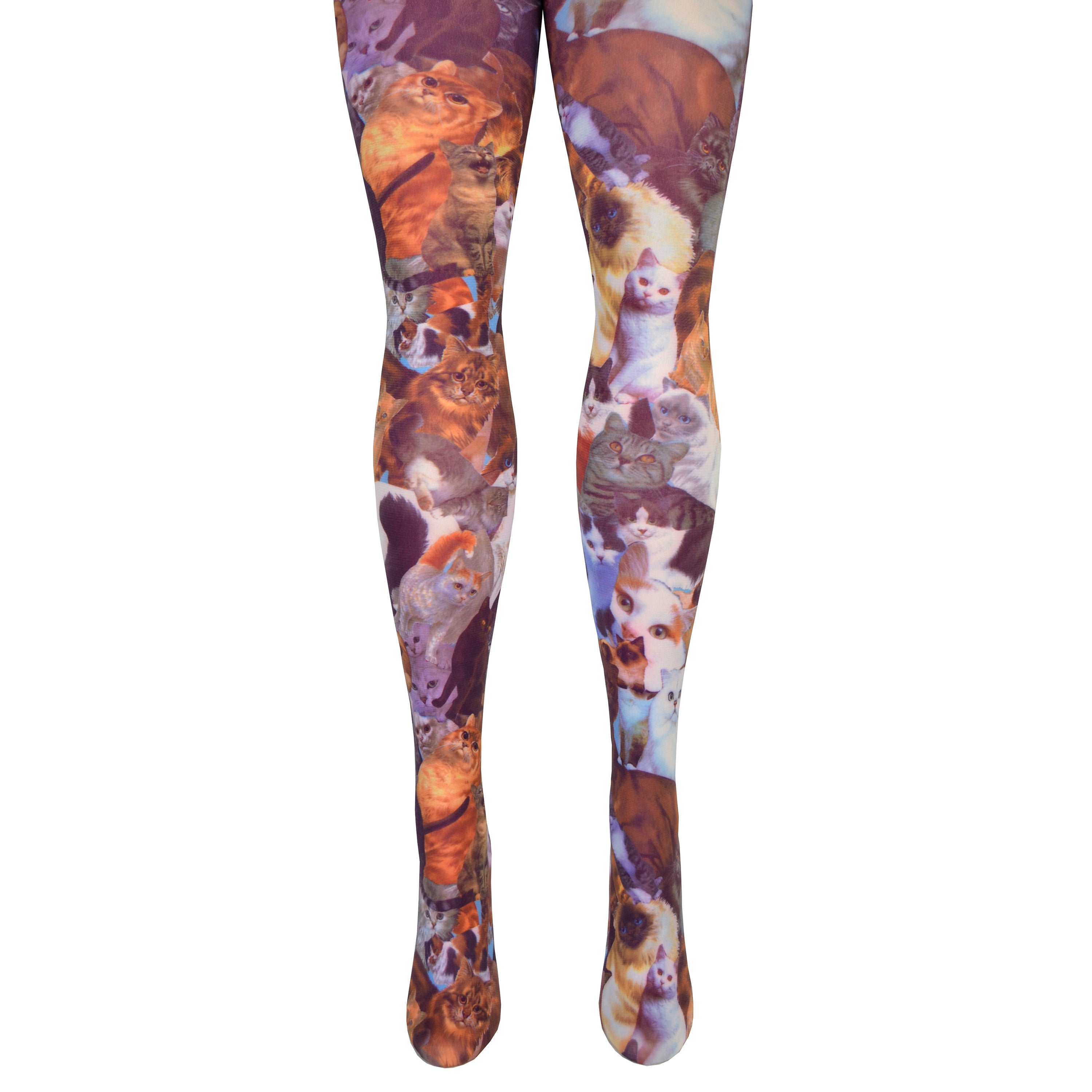 Shown on leg forms, a pair of cat tights that has an all over collage of realistic cats printed on the tights. 