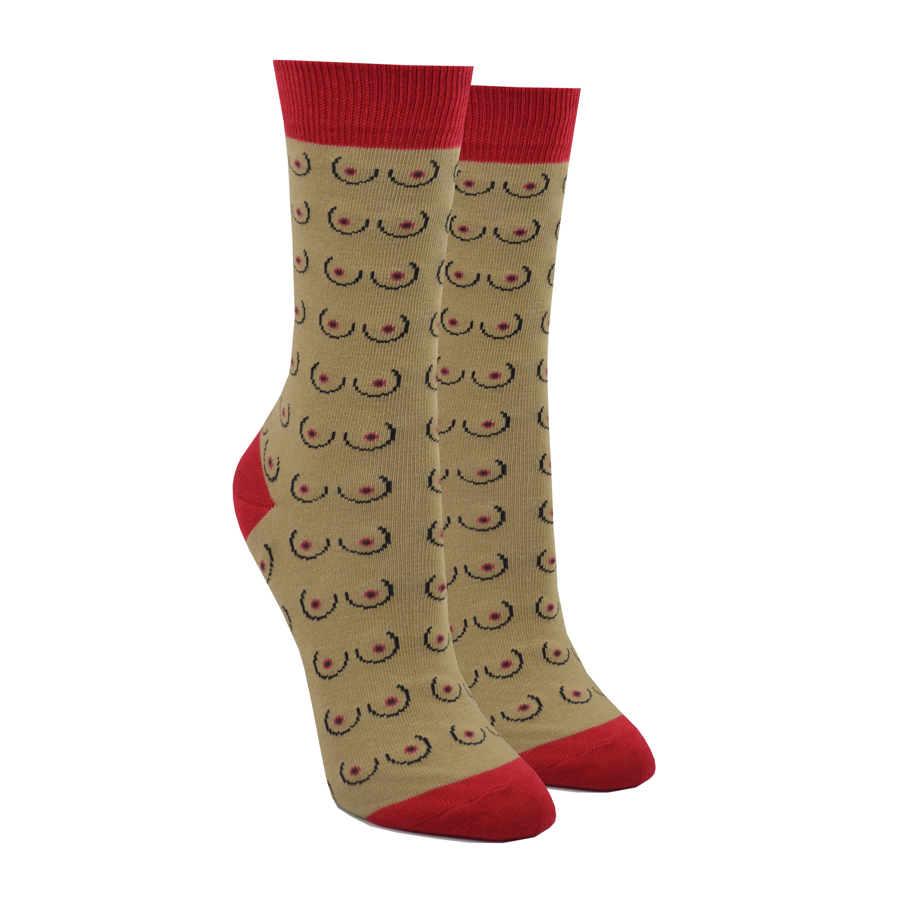 Shown on a leg form, a pair of Coucou Suzette cotton women’s crew socks with minimalistic boob pattern in dark brown skin color
