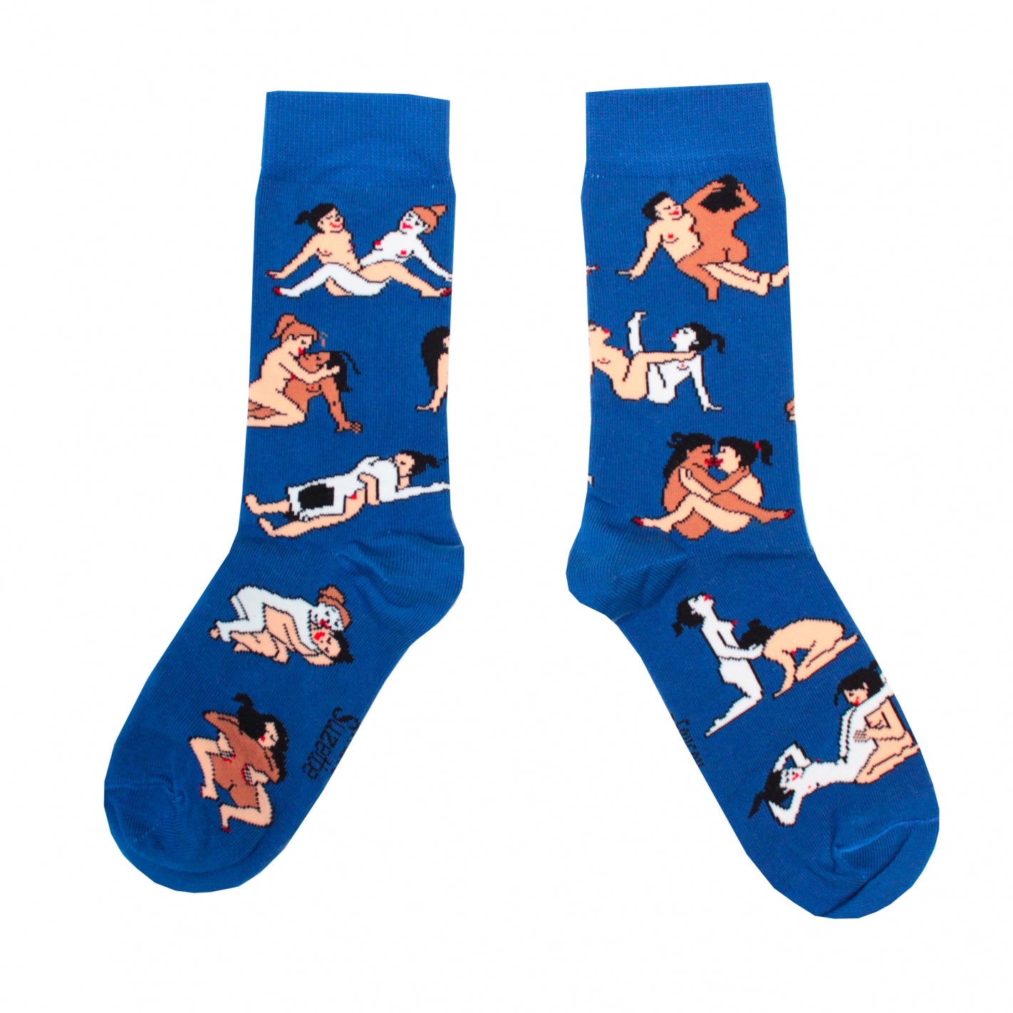 Shown in a flatlay, a pair of women's CouCou Suzette cotton crew socks in deep blue with lesbian lovers engaging in varying Kama Sutra sex positions all over the socks.