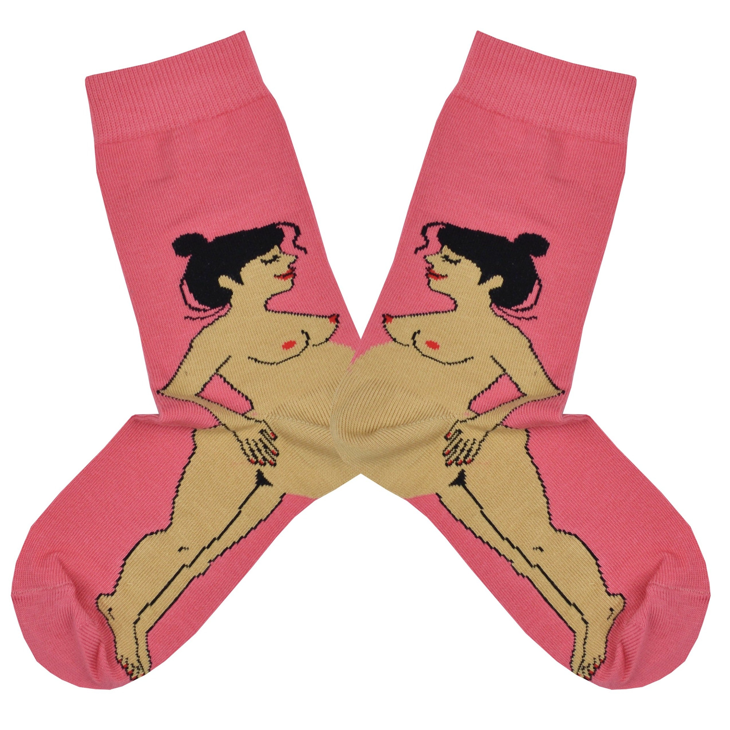 A flatlay of CouCou Suzette cotton socks in bright pink with a naked, tan skilled pregnant woman whose belly makes up the ankle of the sock. 