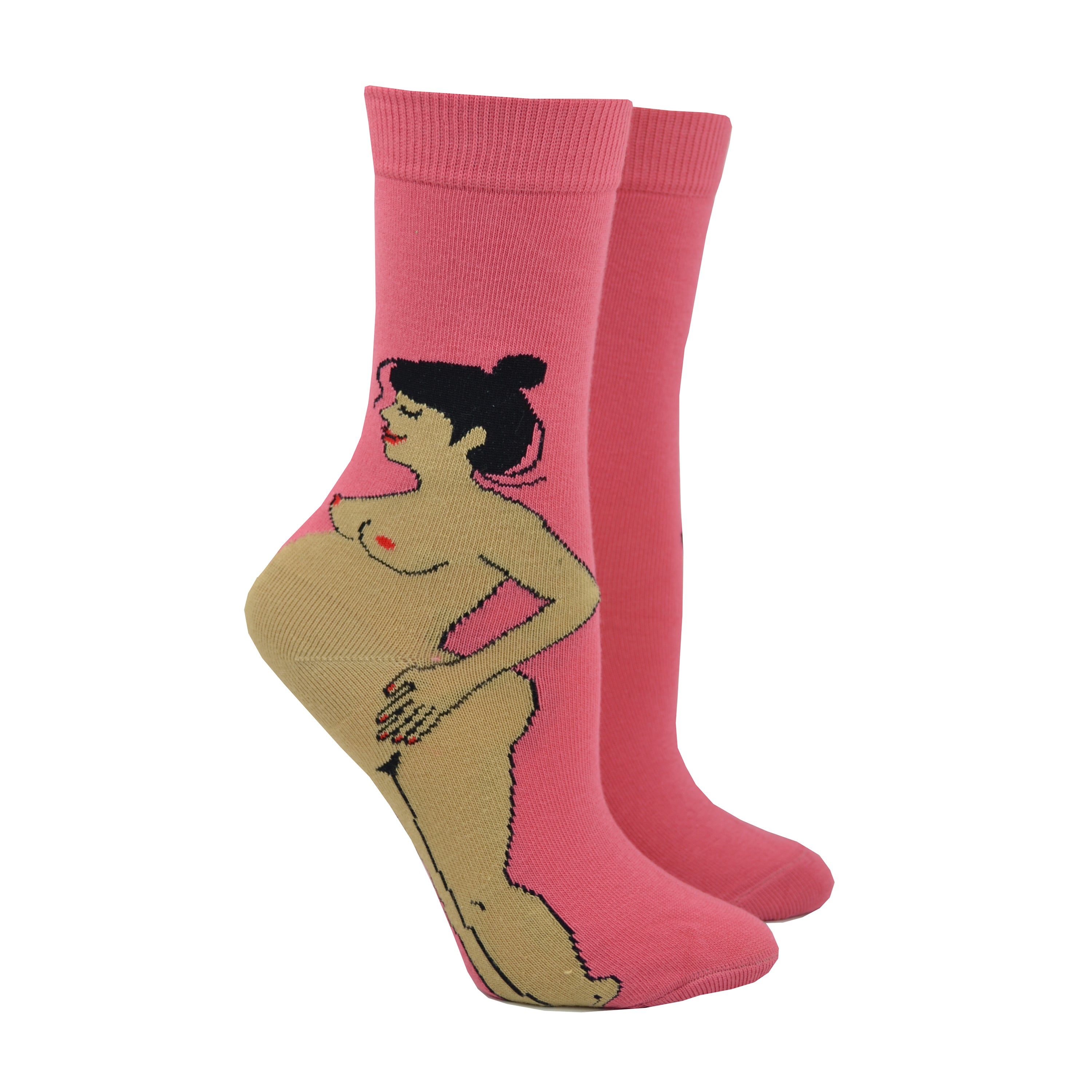 Shown on leg forms, bright pink CouCou Suzette socks with a naked, tan skinned pregnant woman. The woman's belly makes the ankle of the sock. 