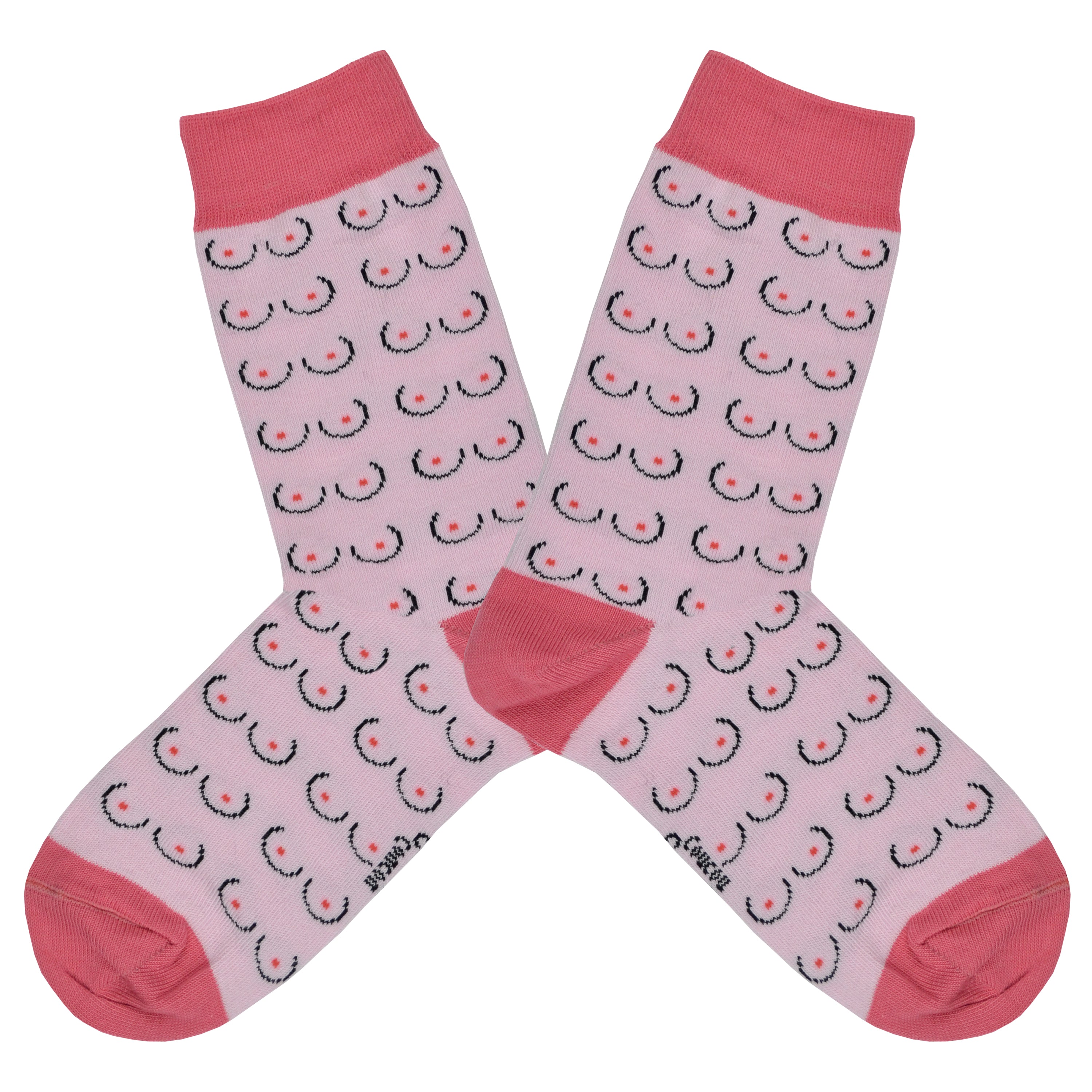 Shown in a flatlay, a pair of Coucou Suzette cotton women’s crew socks with minimalistic boob pattern in light pink skin color