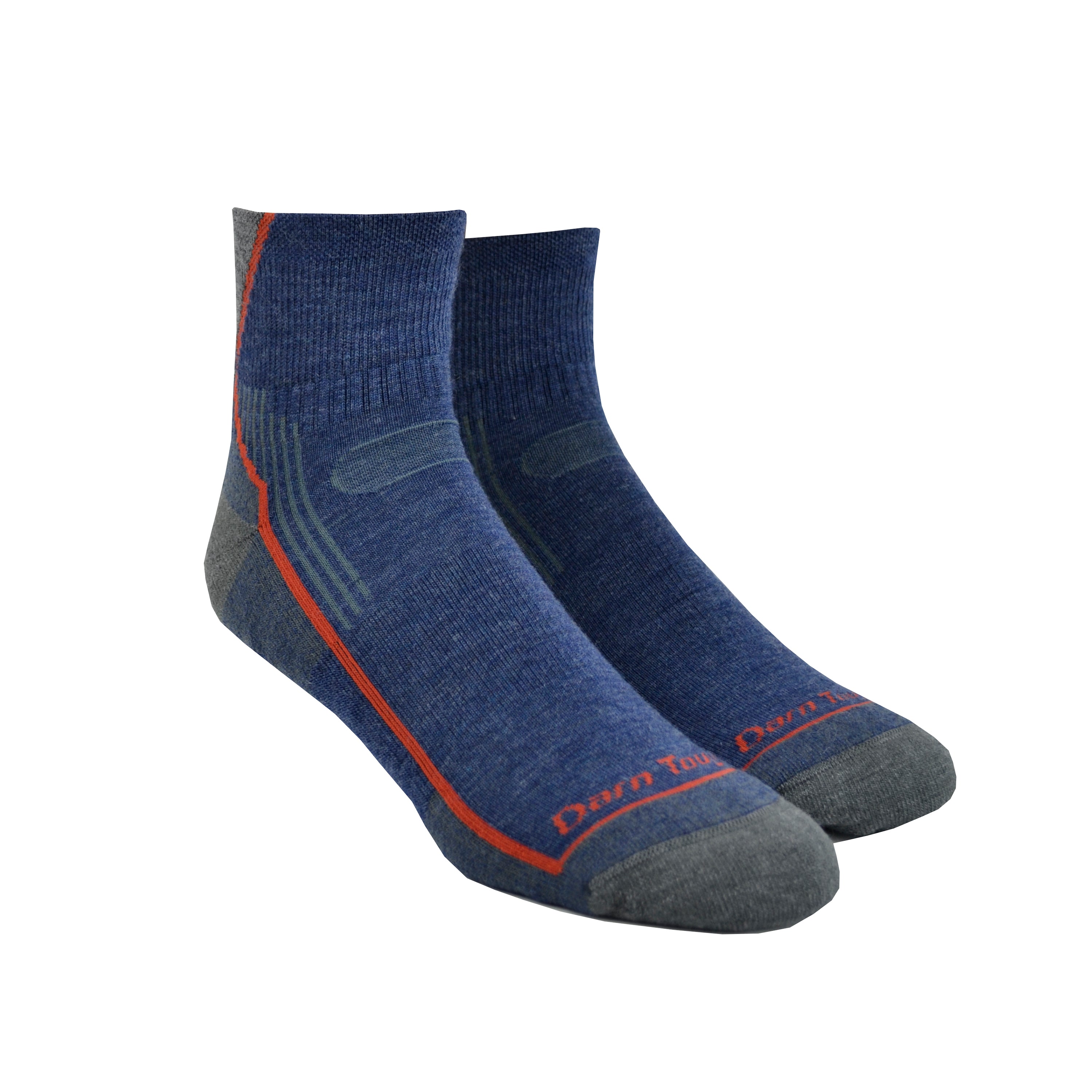 This Darn Tough sock has a 1/4 length sock height that lands just above the ankle, a cushion made of merino wool, and its precision fit means no slips or slides. Each pair of Darn Tough socks comes with a lifetime guarantee that can be redeemed at any time here. The pair shown here is the blue denim.