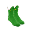Shown on leg forms, a pair of Foot Traffic brand cotton kids crew socks in green. The top of these socks features a fun alligator mouth design with yellow eyes, pink gums, and white teeth.