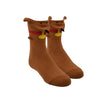 Shown on leg forms, a pair of Foot Traffic brand kids cotton crew socks in brown. These 3D socks looks just like a wiener dog with little paws, a long nose, and 2 floppy ears at the top of the sock.