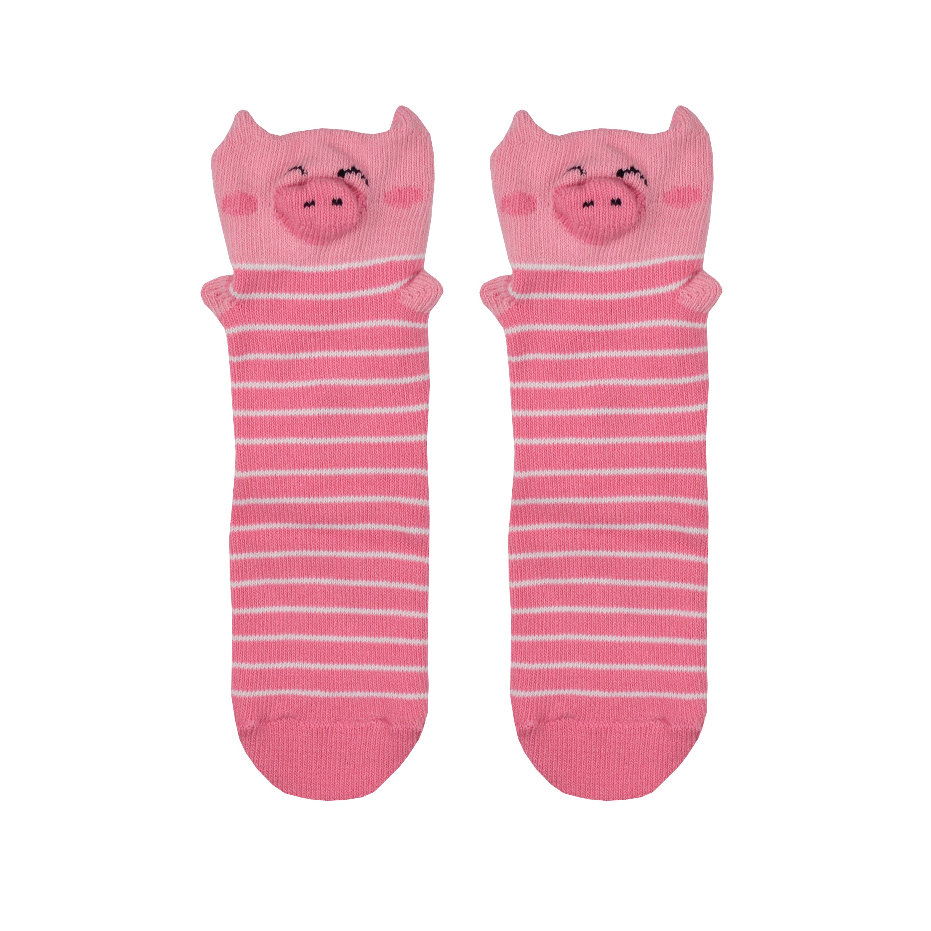 Shown in a flatlay, a pair of kids Foot Traffic cotton pig socks. These are pink with white stripes and feature 3D pig ears, arms, and snoot.
