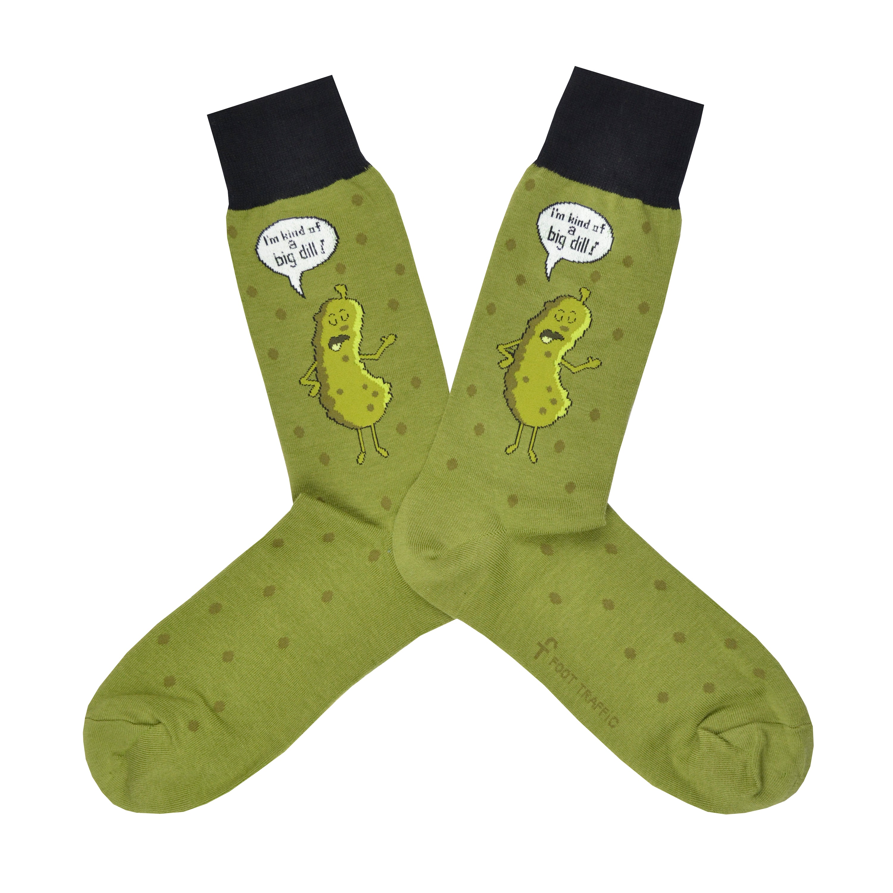 These green cotton funny men's crew socks with a black cuff by the brand Foot Traffic have a picture of a talking dill pickle on them and a word bubble that says 