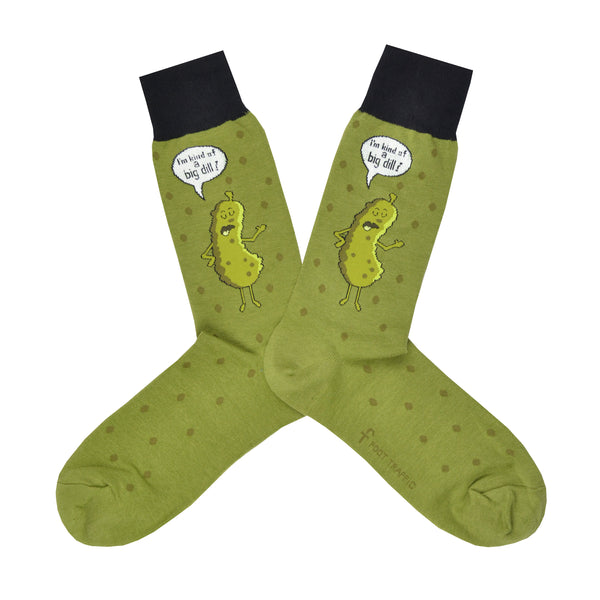 These green cotton funny men's crew socks with a black cuff by the brand Foot Traffic have a picture of a talking dill pickle on them and a word bubble that says "I'm kind of a big dill".