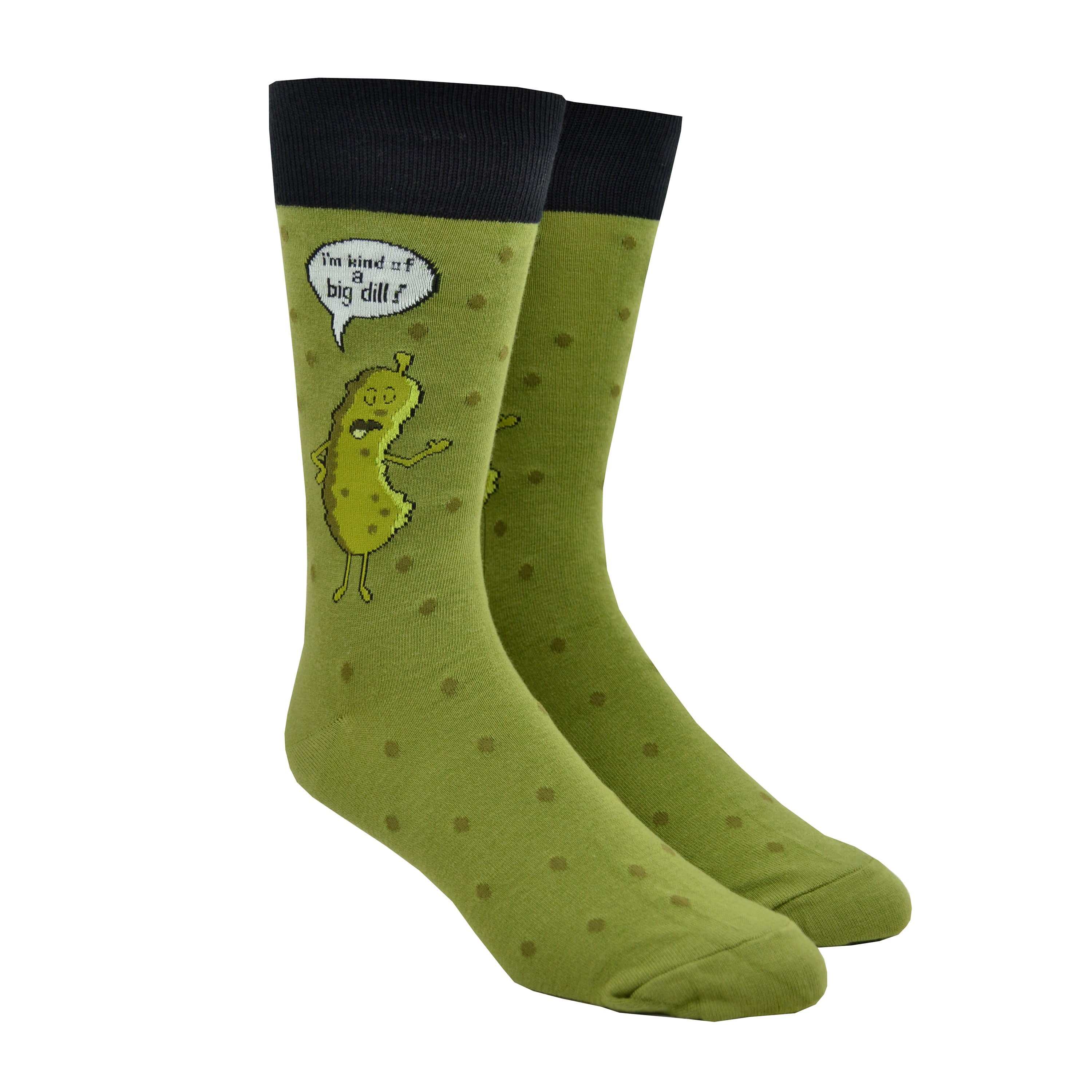 Shown on a leg form, these green cotton funny men's crew socks with a black cuff by the brand Foot Traffic have a picture of a talking dill pickle on them and a word bubble that says 