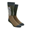 Shown on a foot form, a pair of Foot Traffic green cotton men's crew socks with llama and brown foot