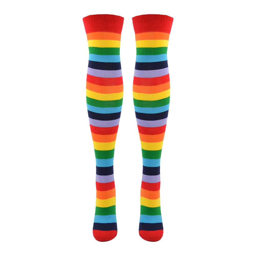 Horizontal rainbow striped cotton women's over the knee socks with a red toe and cuff are shown on a leg form.