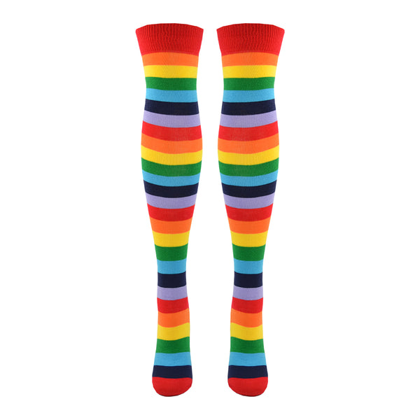 Horizontal rainbow striped cotton women's over the knee socks with a red toe and cuff are shown on a leg form.