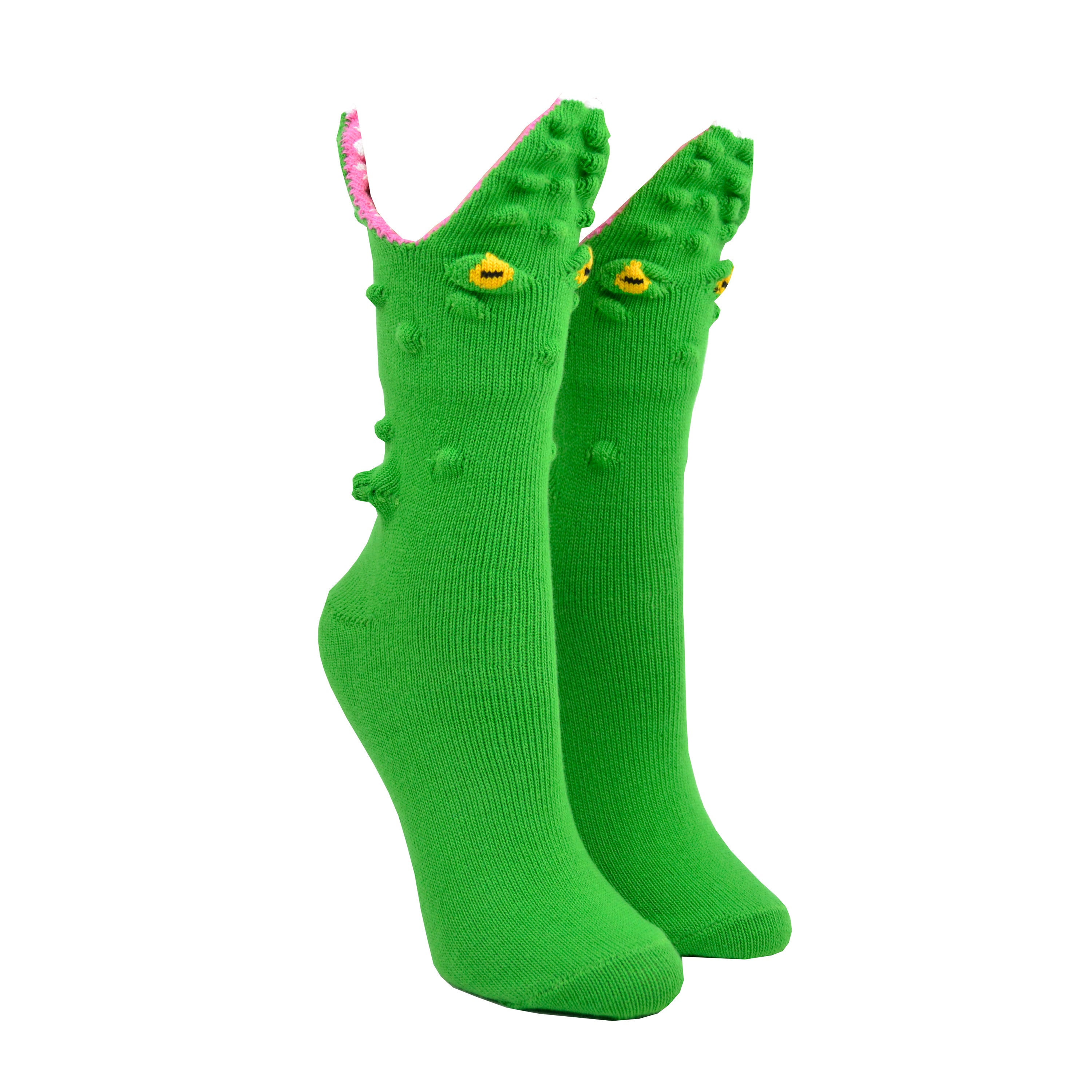 Shown on a foot mold, a pair of Foot Traffic, green cotton women's crew socks with three dimensional pattern of scaly alligator eating the foot