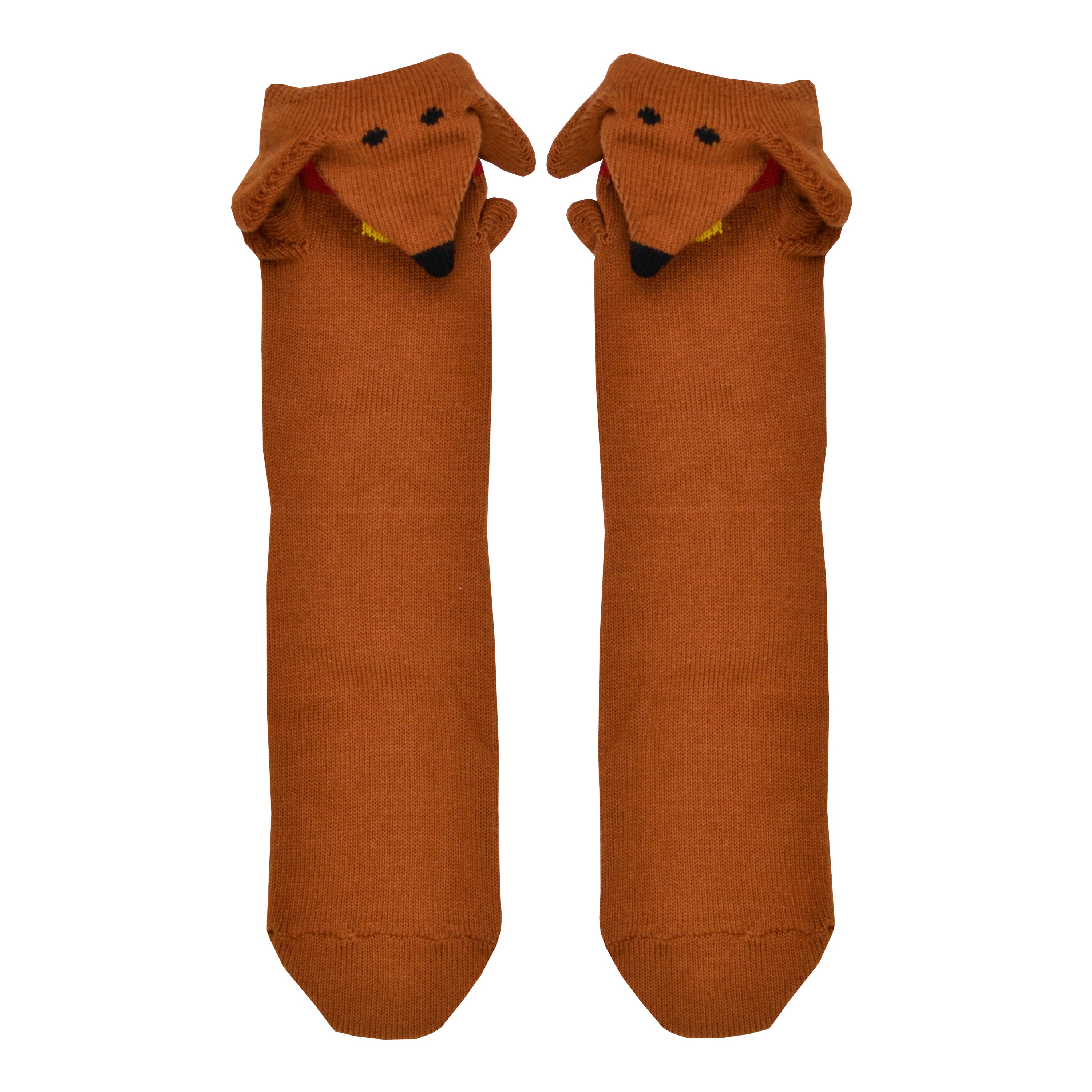 Shown in a flatlay, a pair of Foot Traffic, brown cotton women's crew socks with three dimensional pattern of cute brown dachshund dog