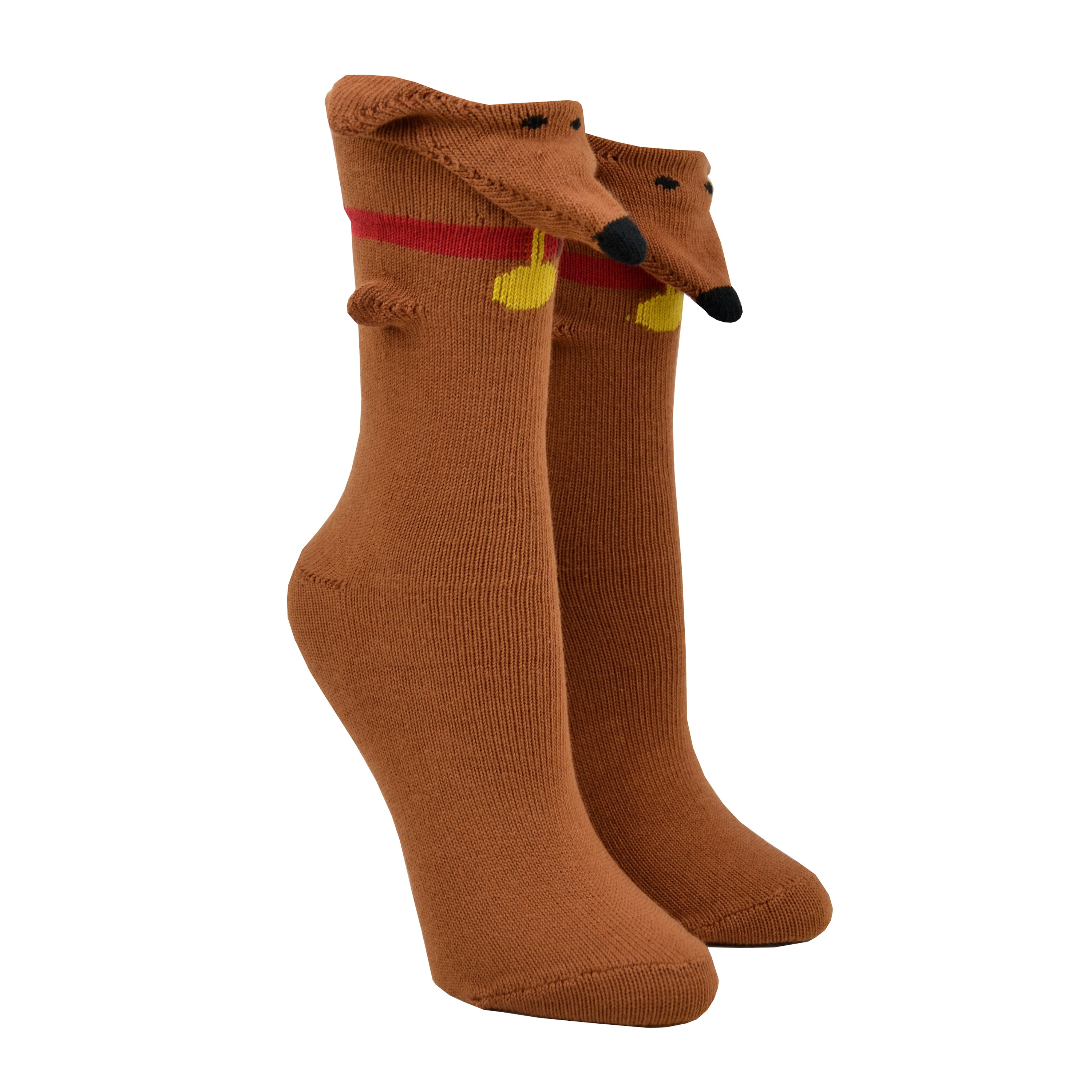 Shown on a foot mold, a pair of Foot Traffic, brown cotton women's crew socks with three dimensional pattern of cute brown dachshund dog