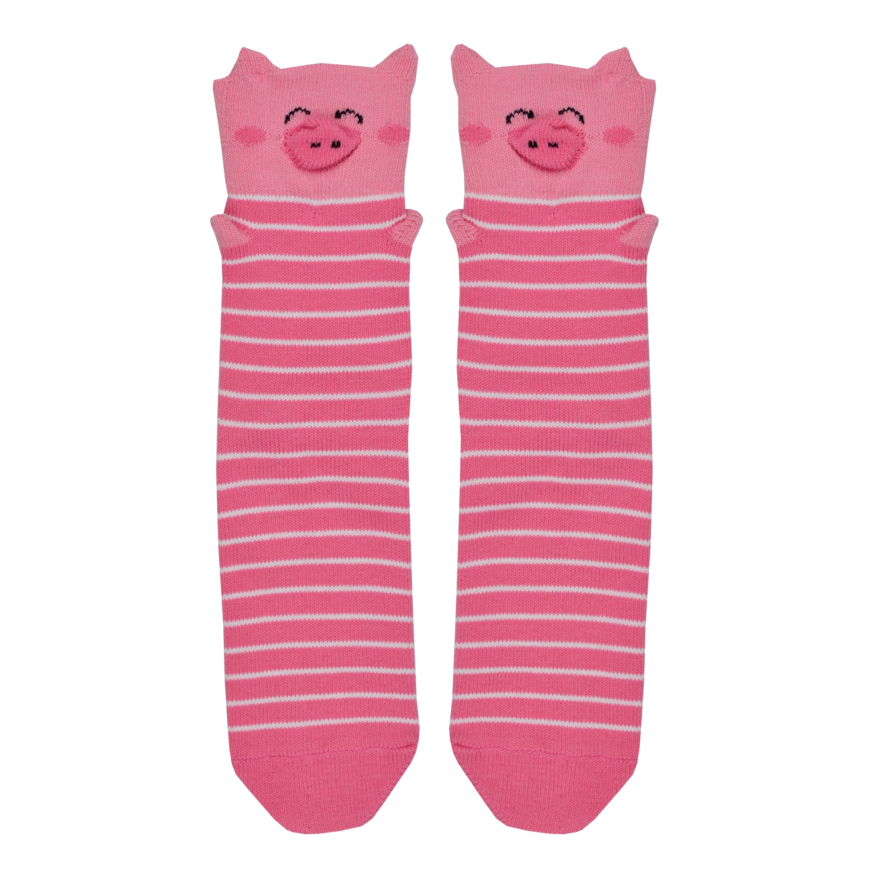 Shown in a flatlay, a pair of Foot Traffic, pink and white cotton women's crew socks with three dimensional pattern of cute pig