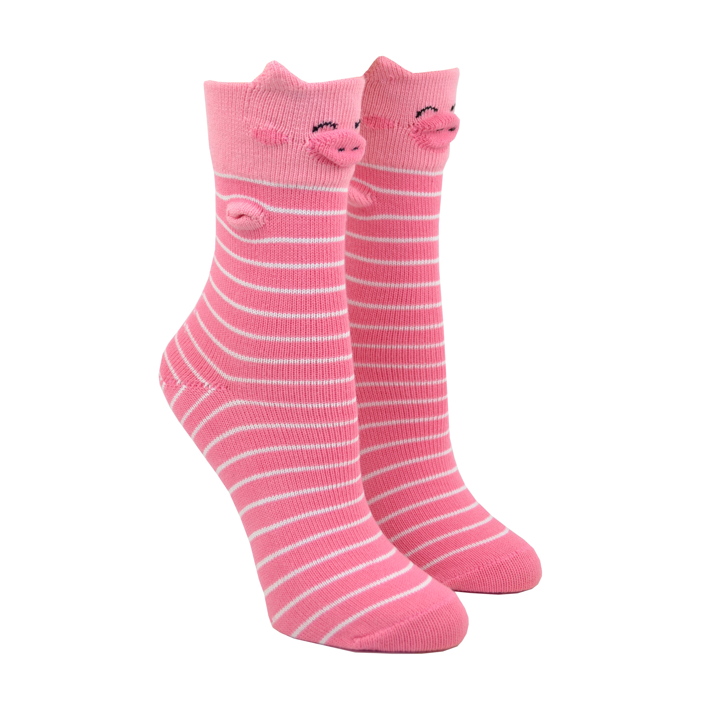 Shown on a foot mold, a pair of Foot Traffic, pink and white cotton women's crew socks with three dimensional pattern of cute pig