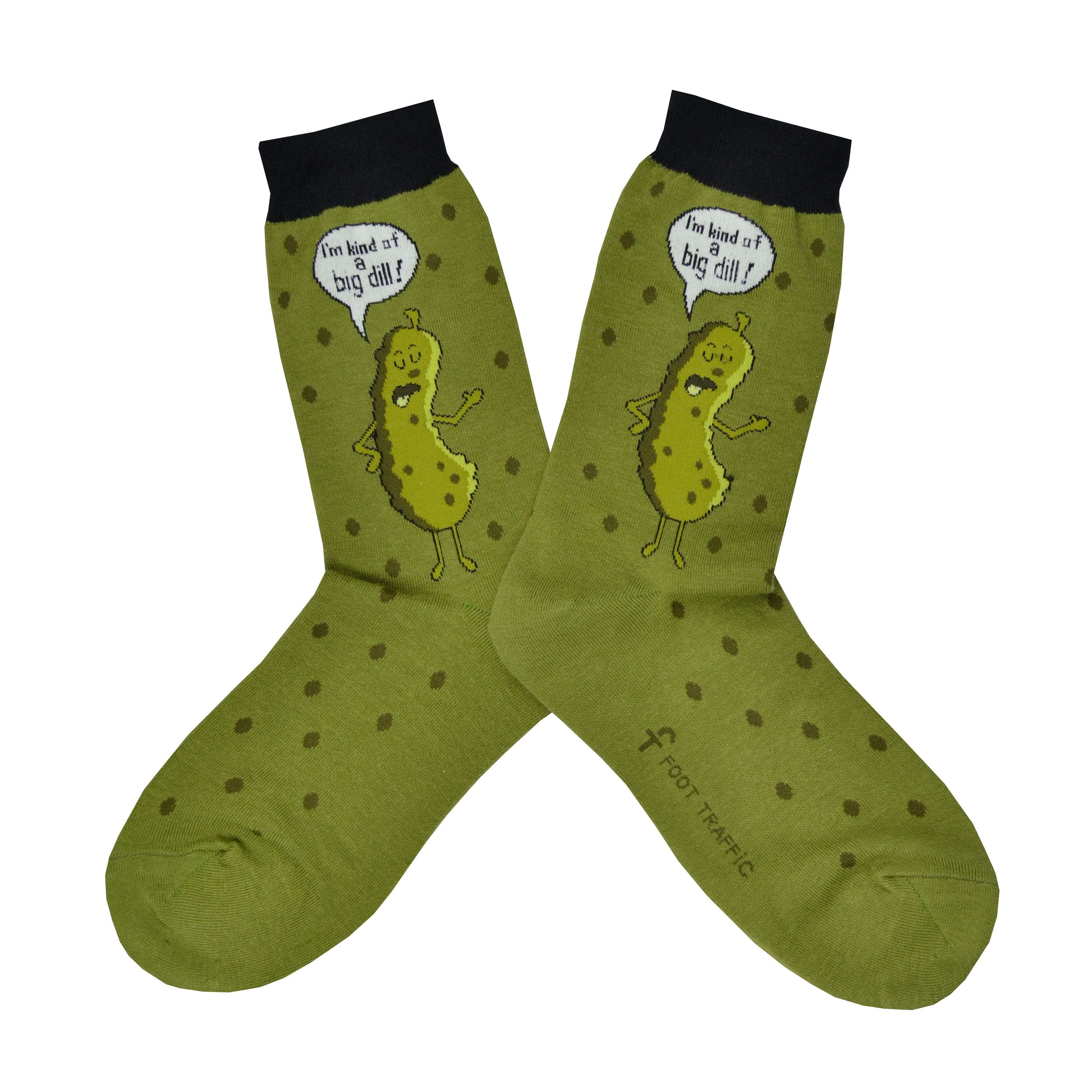 These green cotton funny women's crew socks with a black cuff by the brand Foot Traffic have a picture of a talking dill pickle on them and a word bubble that says 