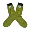 These green cotton funny women's crew socks with a black cuff by the brand Foot Traffic have a picture of a talking dill pickle on them and a word bubble that says "I'm kind of a big dill".