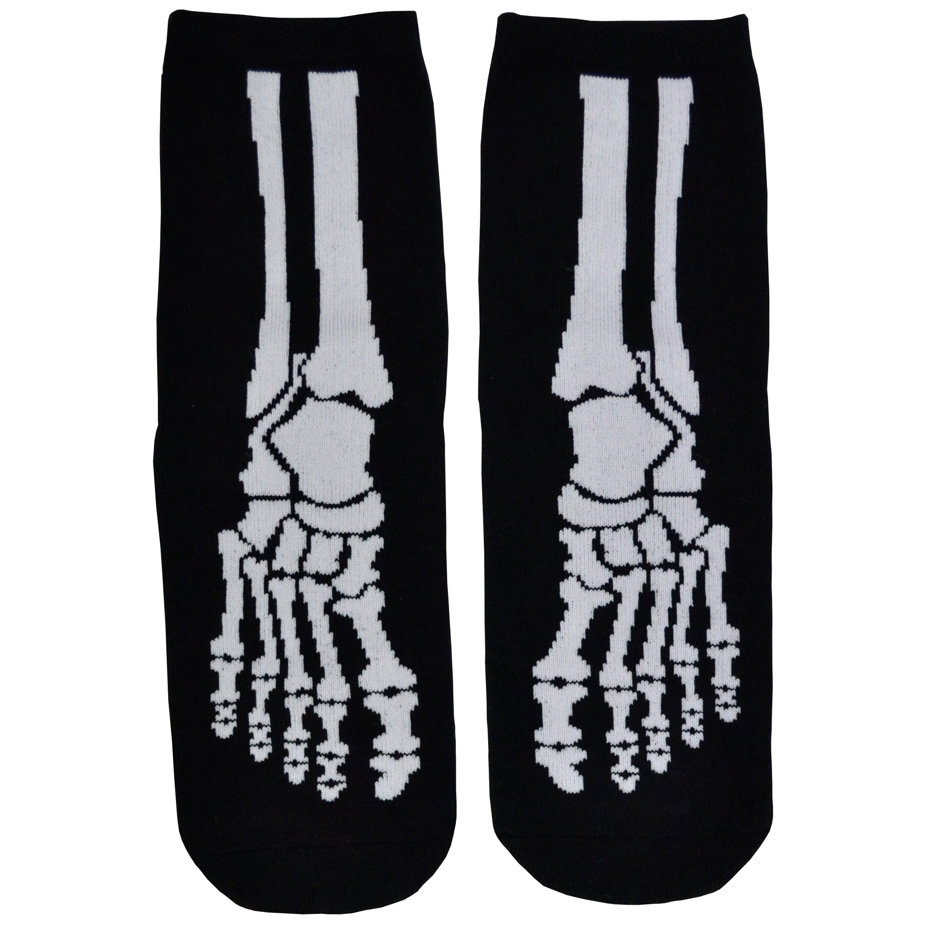 Shown in a flatlay, a pair of Foot Traffic brand, women's cotton crew socks in black. These socks feature a skeletal foot design on the front and little rubber grips on the foot of the sock.