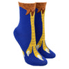 Shown on leg forms, a pair of Foot Traffic brand, women's cotton crew socks in royal blue with a brown cuff. These socks feature a yellow chicken foot design on the front and little rubber grips on the foot of the sock.
