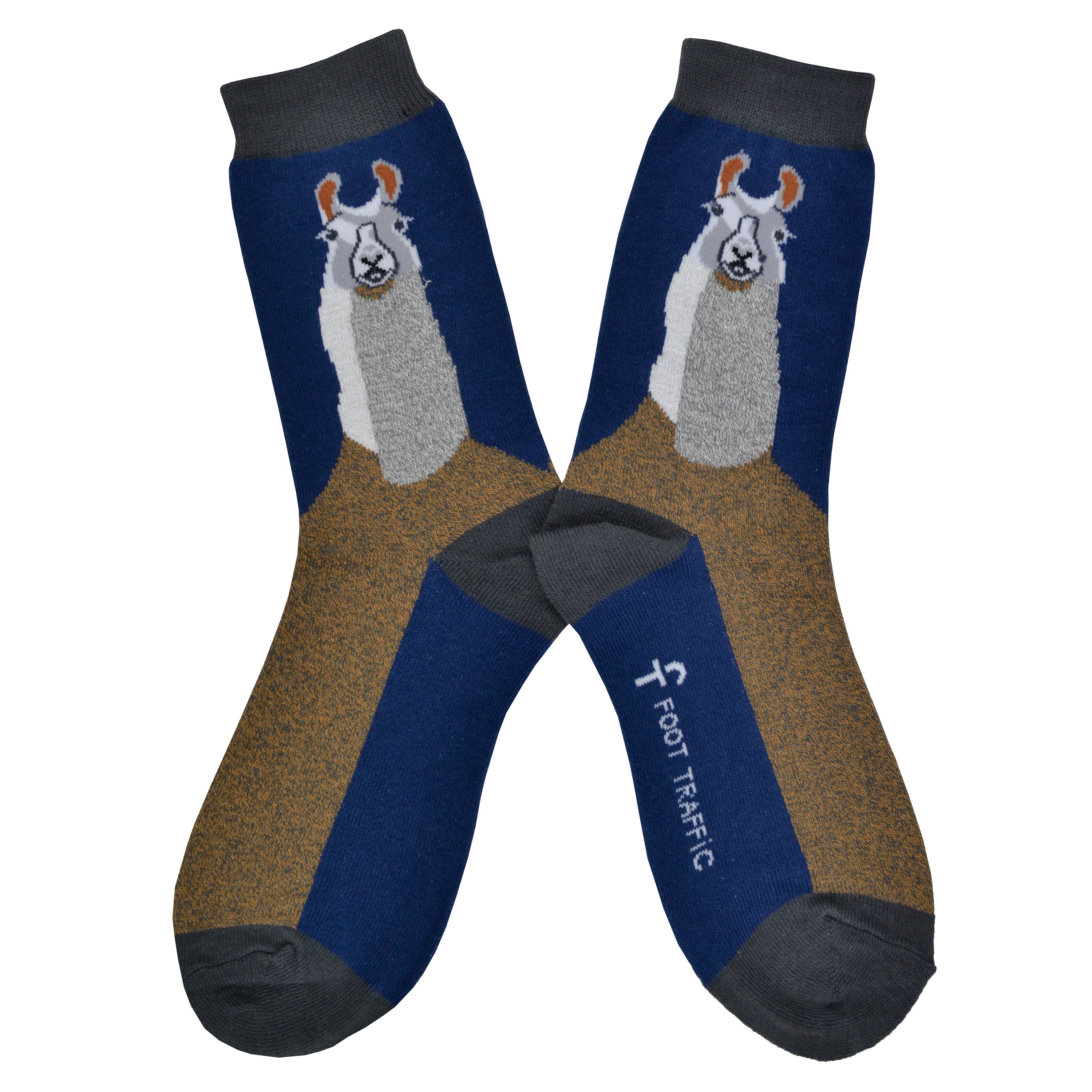 Shown in a flatlay, a pair of women's crew socks with a grey heel, toe, and cuff. The leg of the sock features a navy blue background and the face and neck of a llama. The foot of the sock is brown with a navy blue sole.