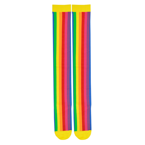 Vertical rainbow striped cotton women's over the knee socks with a yellow toe and cuff.