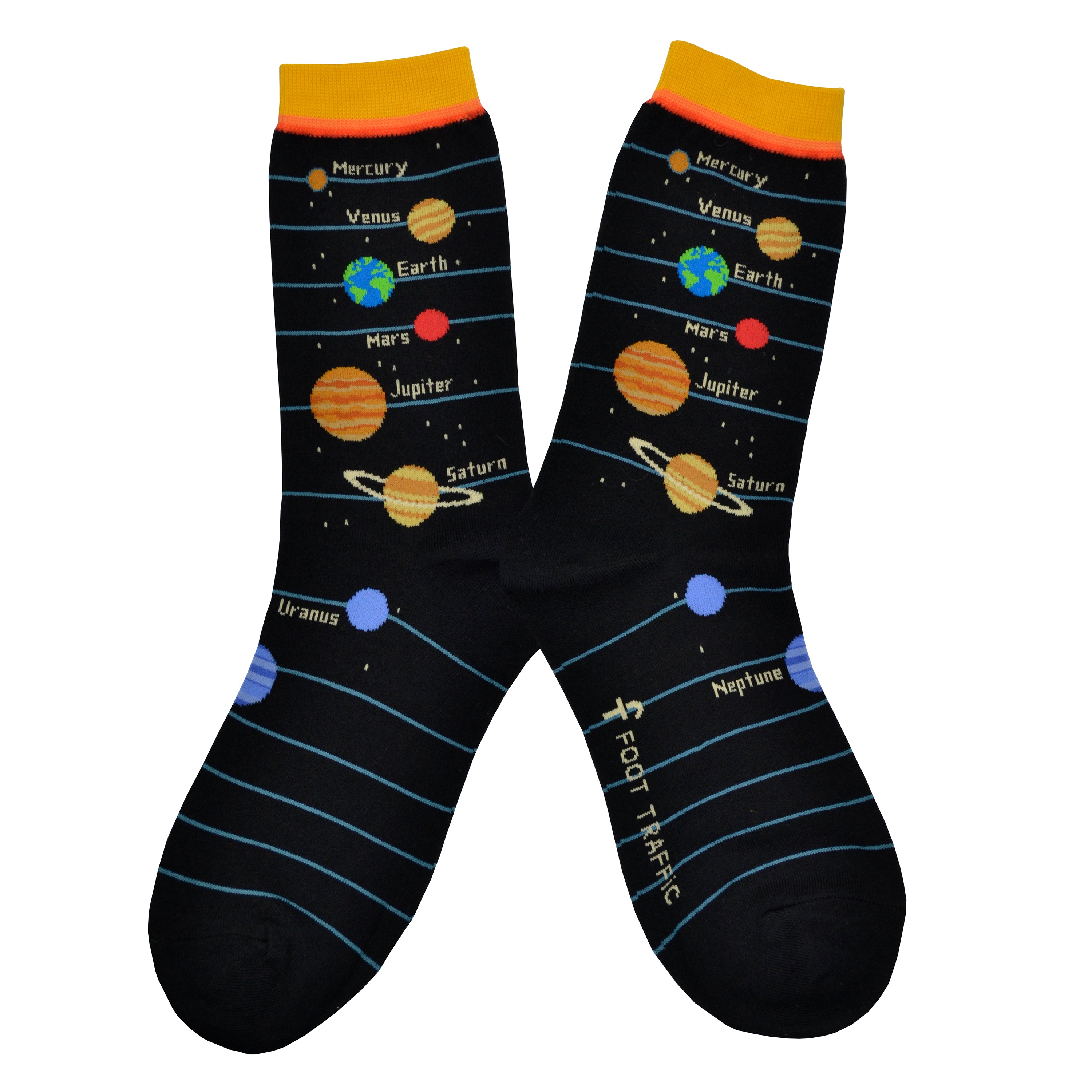 These black cotton women's crew socks with a yellow cuff by the brand Foot Traffic feature the planets and their names Mercury, Venus, Earth, Mars, Jupiter, Saturn, Uranus and Neptune lined up running down the leg of the sock.