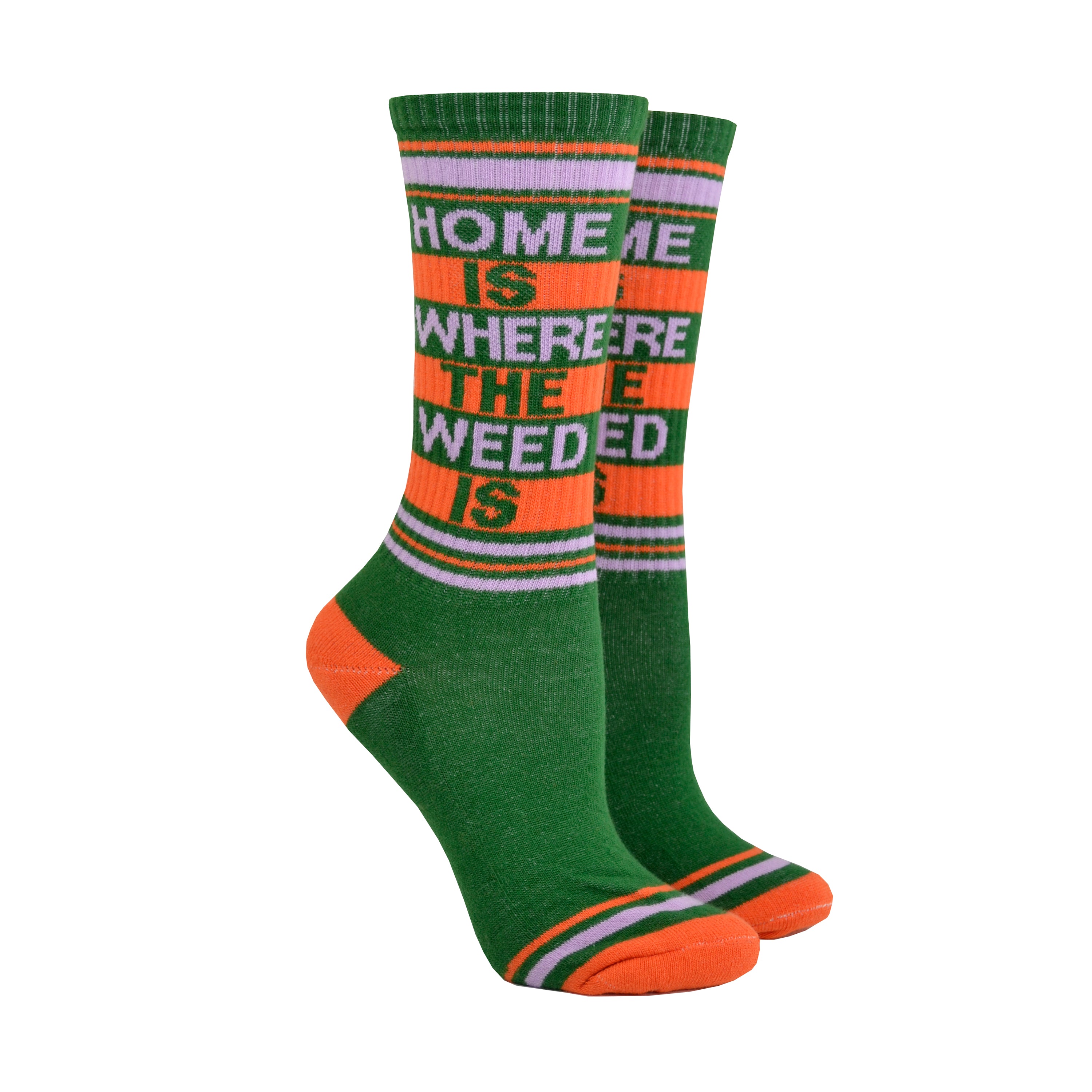 Shown on leg forms, a pair of Gumball Poodle unisex cotton crew sock in green with an orange and green striped toe and cuff. The leg features the words, 