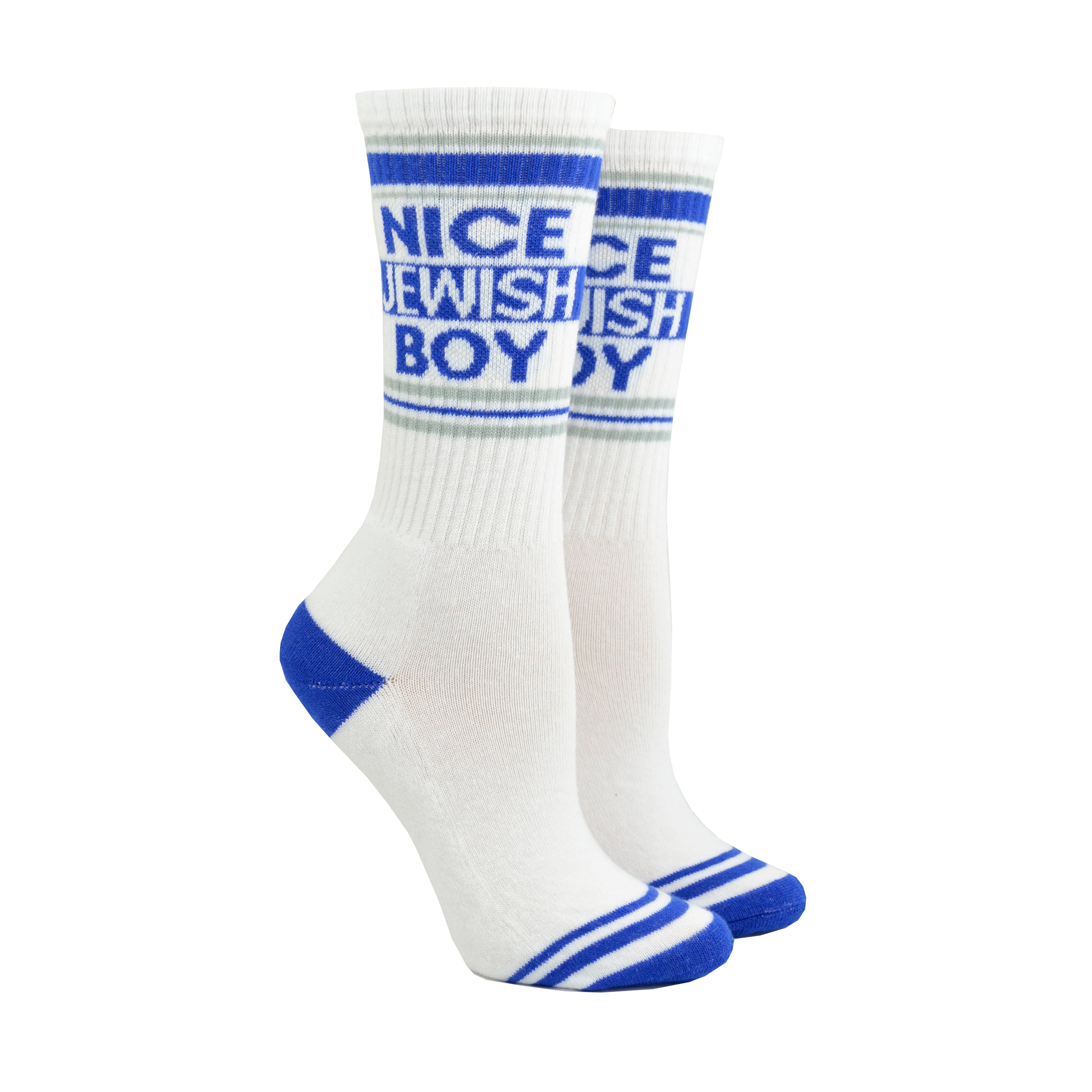 Shown on leg forms, a pair of Gumball Poodle brand unisex cotton crew sock in white with a blue striped cuff/heel/toe and the words, 