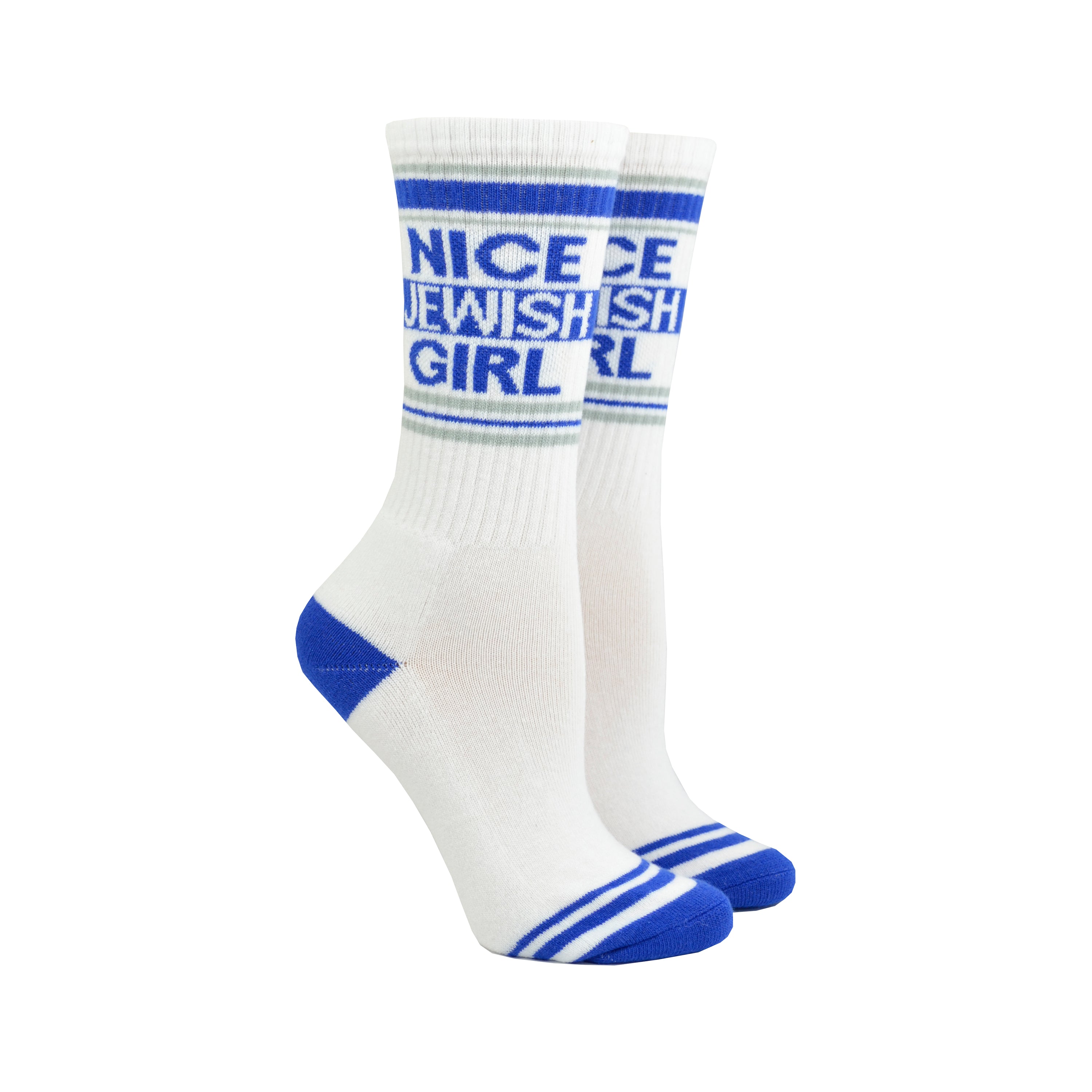 Shown on legforms, a pair of Gumball Poodle brand unisex cotton crew sock in white with a blue striped cuff/heel/toe and the words, 