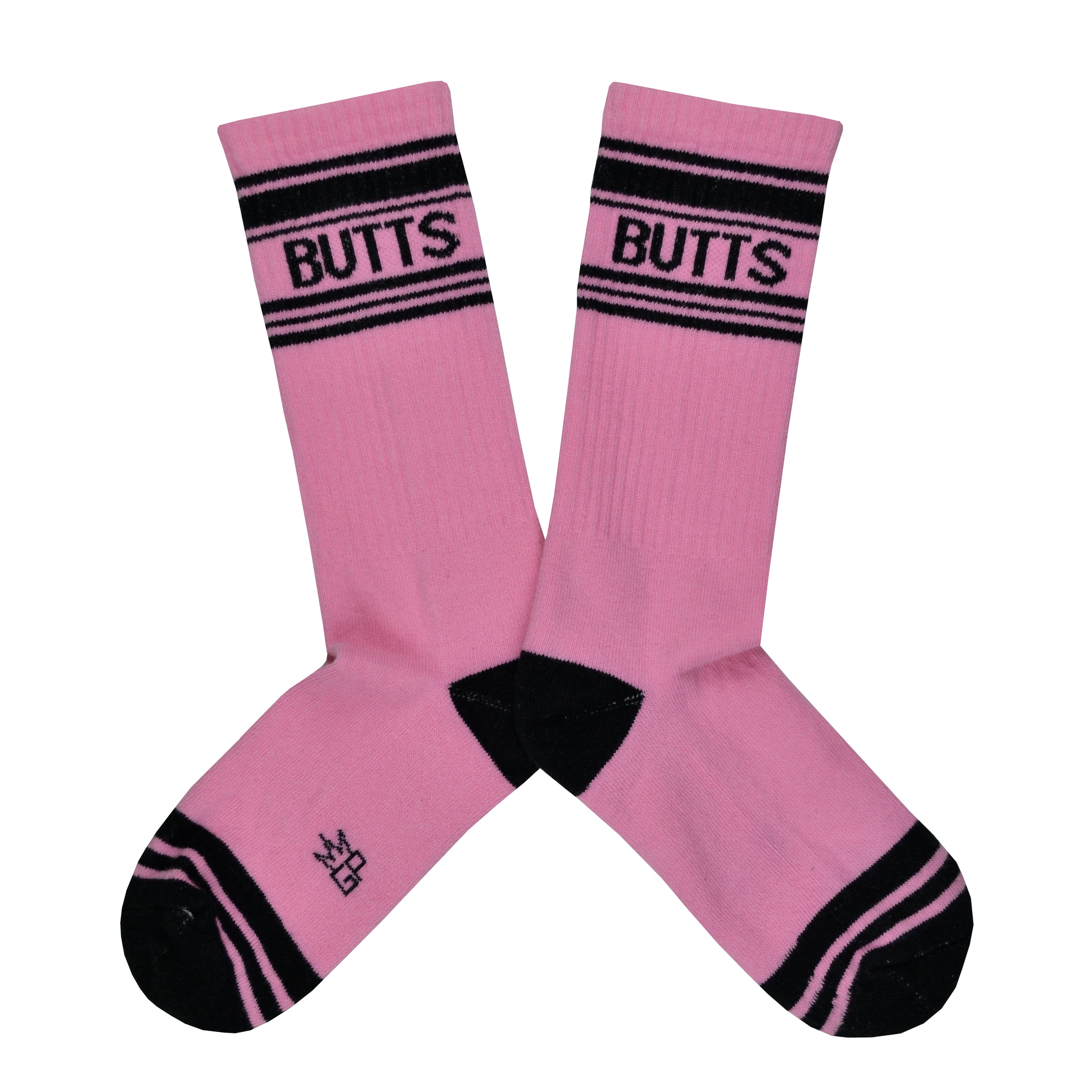 These pink cotton unisex crew socks with a black striped toe and cuff by the brand Gumball Poodle feature the word 